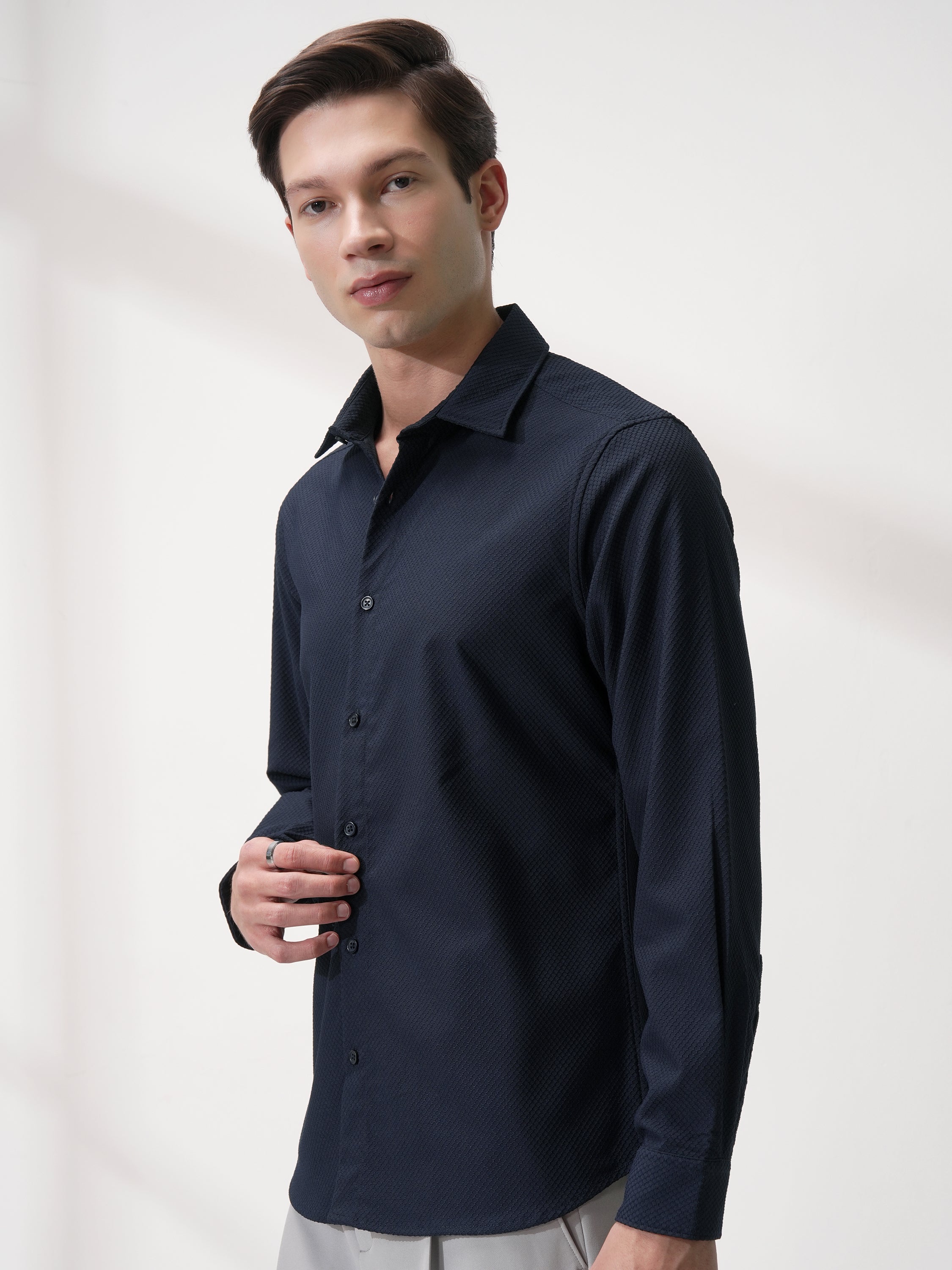 Highlander Men Navy Blue Self Design Slim Fit Casual Shirt - Navy Blue - Image 4
