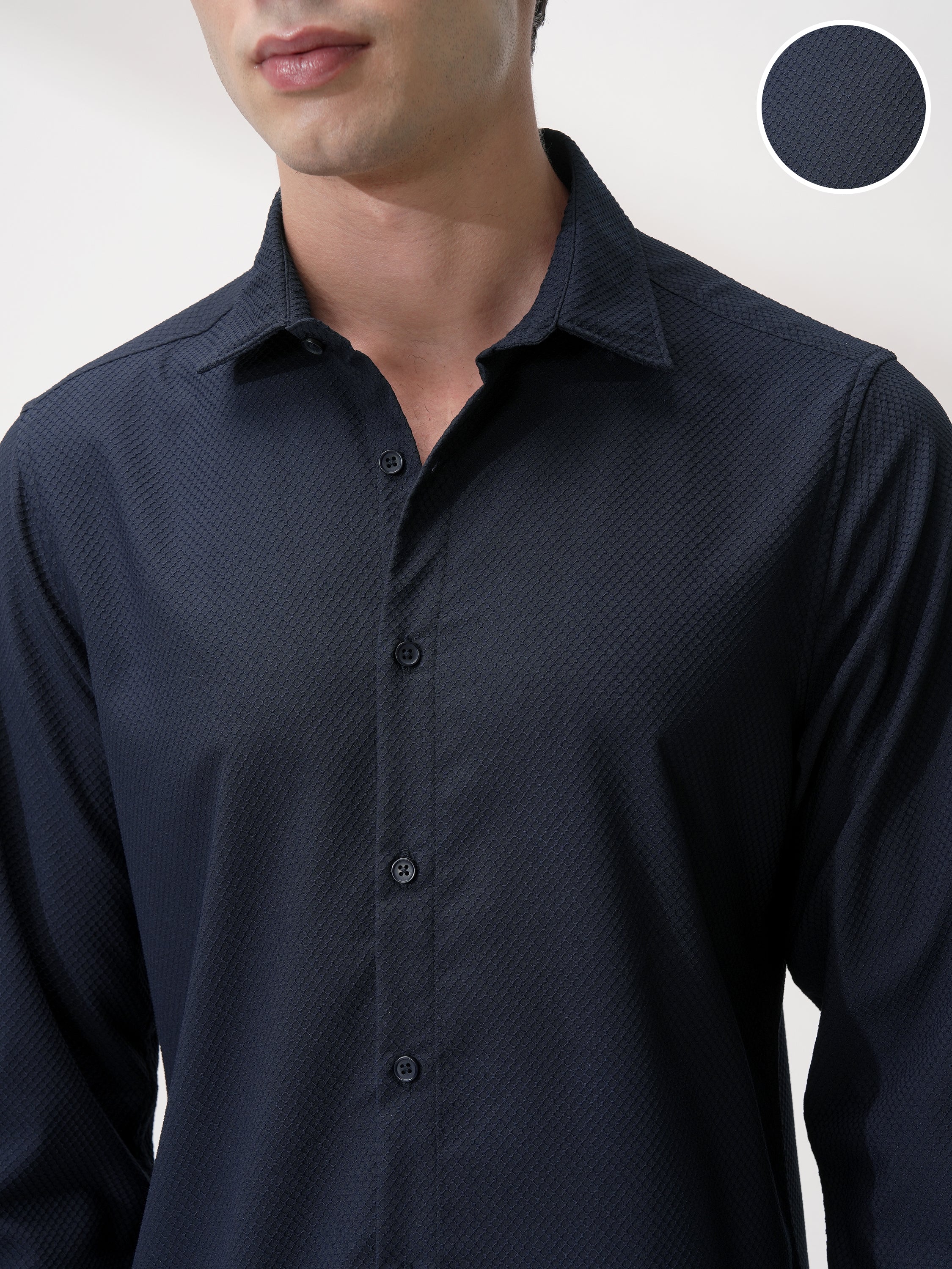 Highlander Men Navy Blue Self Design Slim Fit Casual Shirt - Navy Blue - Image 5