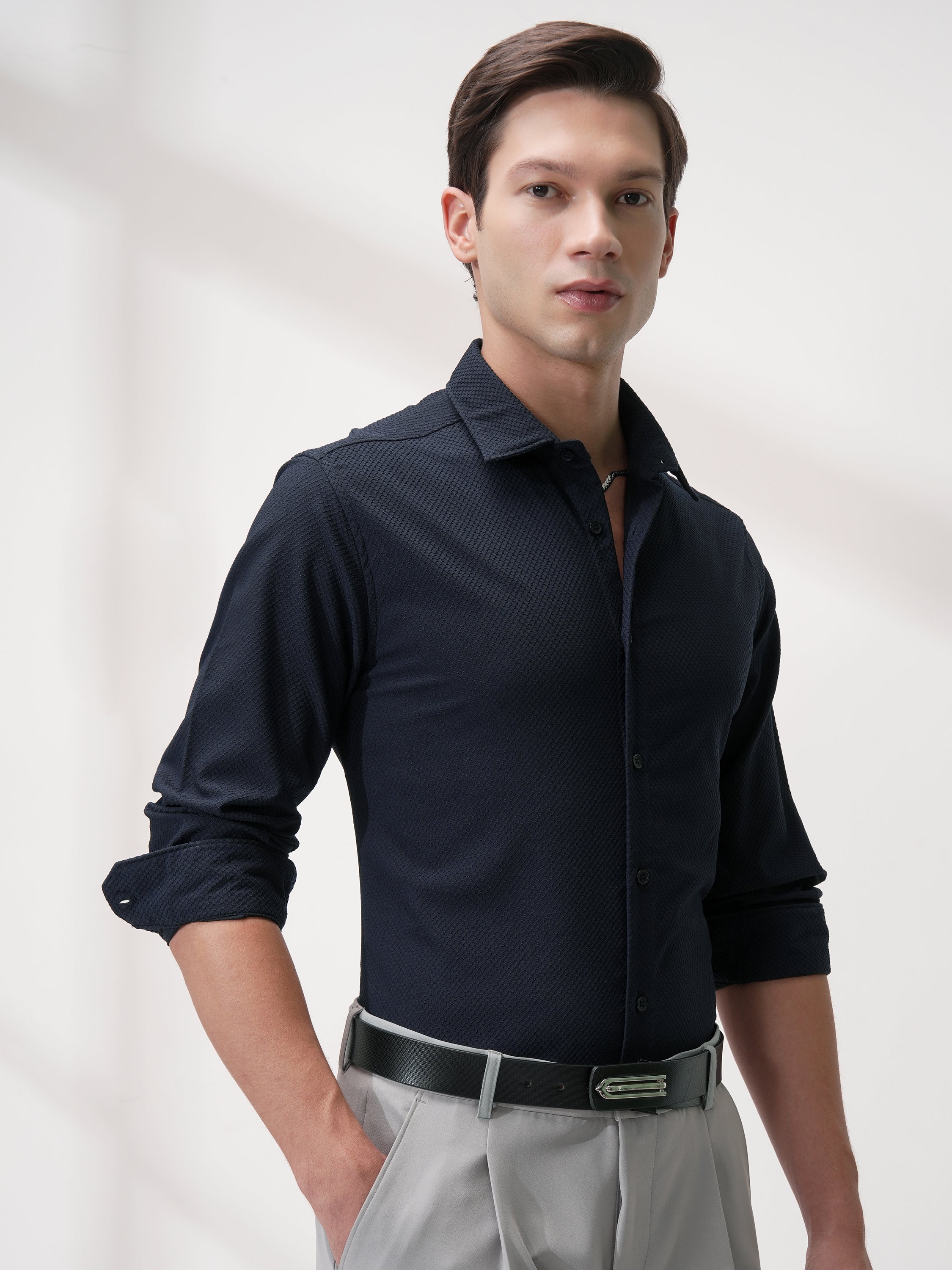 Highlander Men Navy Blue Self Design Slim Fit Casual Shirt - Navy Blue - Image 6