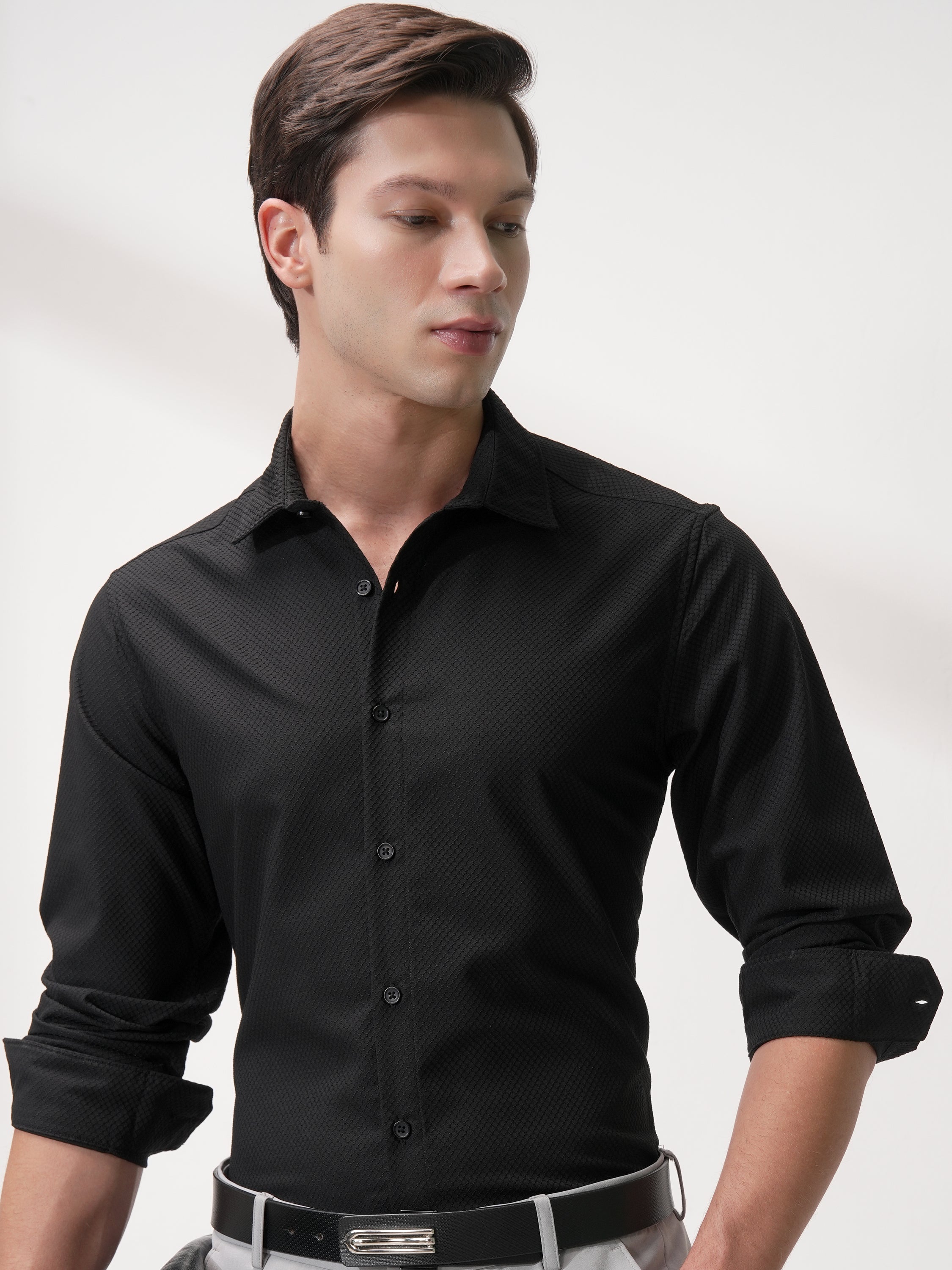 Highlander Men Black Self Design Slim Fit Casual Shirt - Black - Image 1