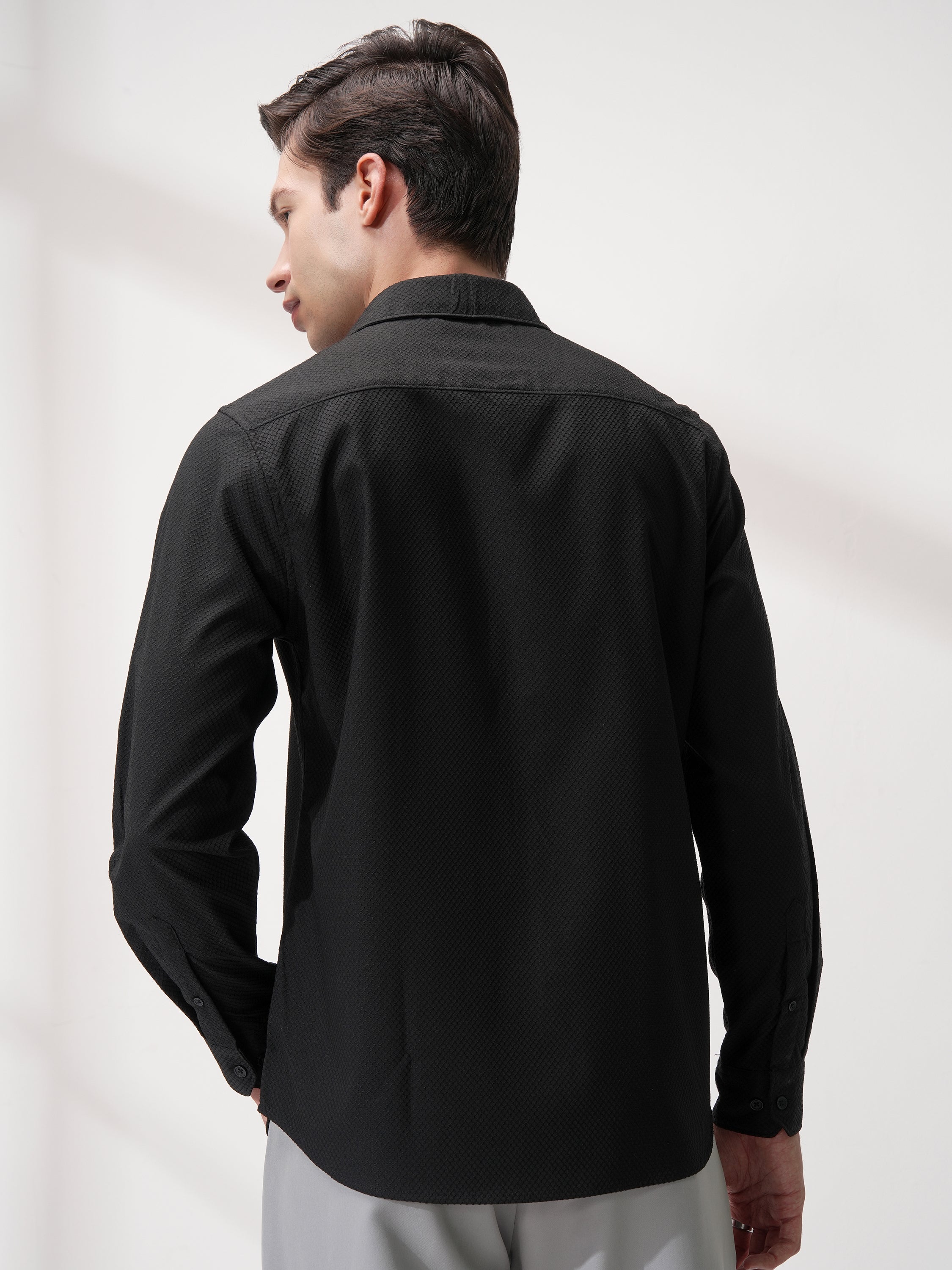 Highlander Men Black Self Design Slim Fit Casual Shirt - Black - Image 3