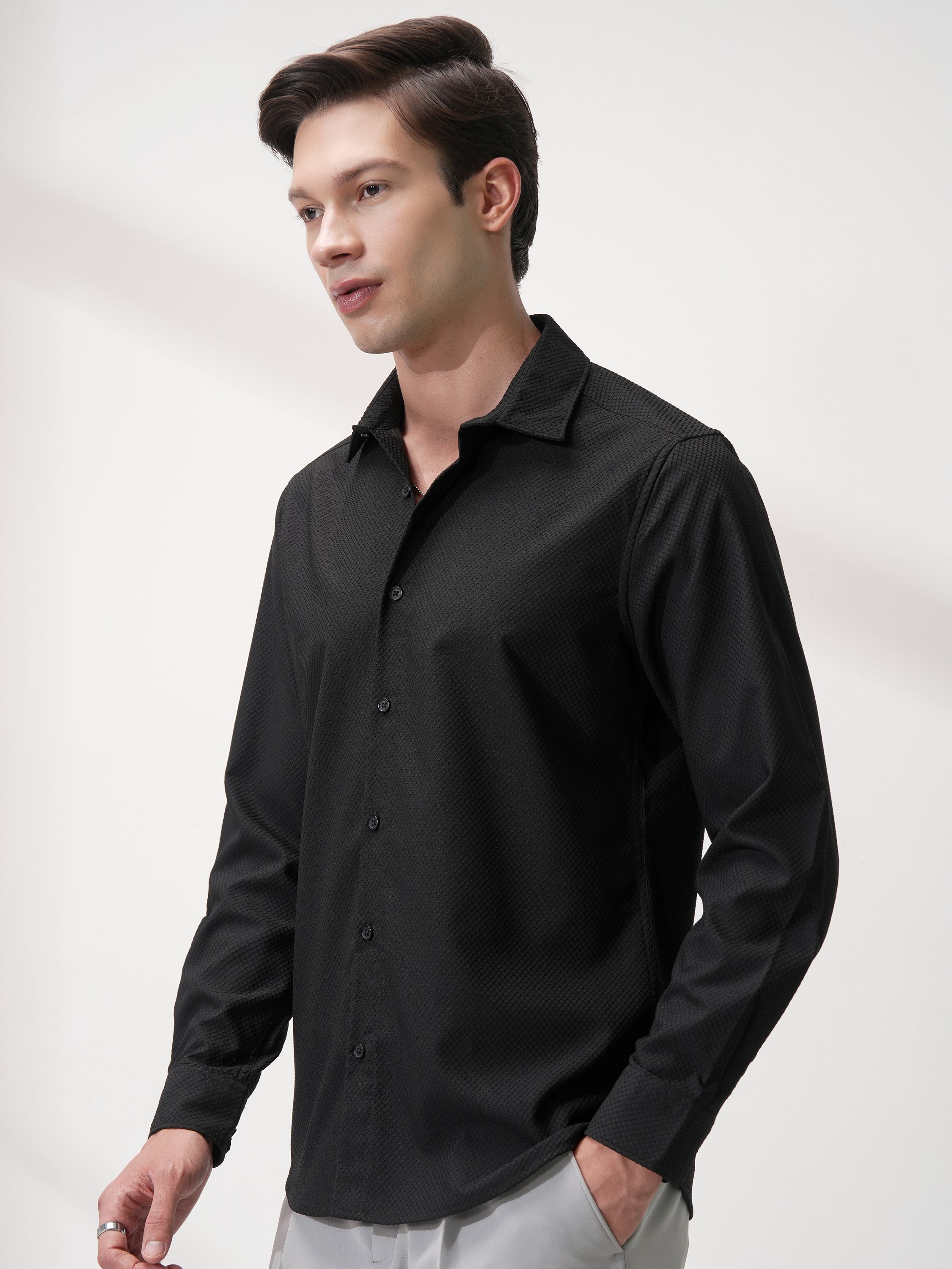 Highlander Men Black Self Design Slim Fit Casual Shirt - Black - Image 4