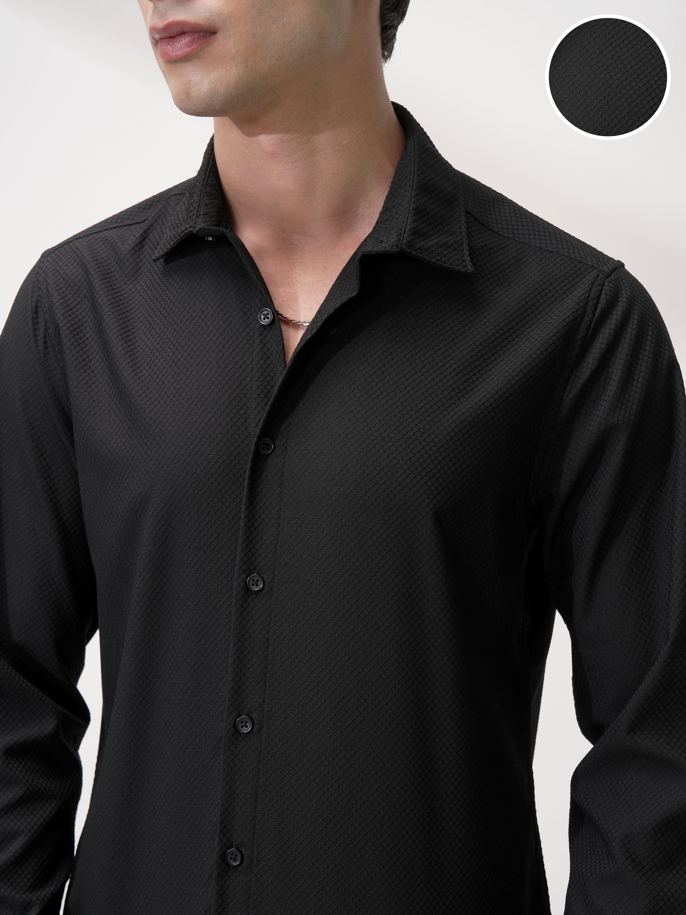 Highlander Men Black Self Design Slim Fit Casual Shirt - Black - Image 5