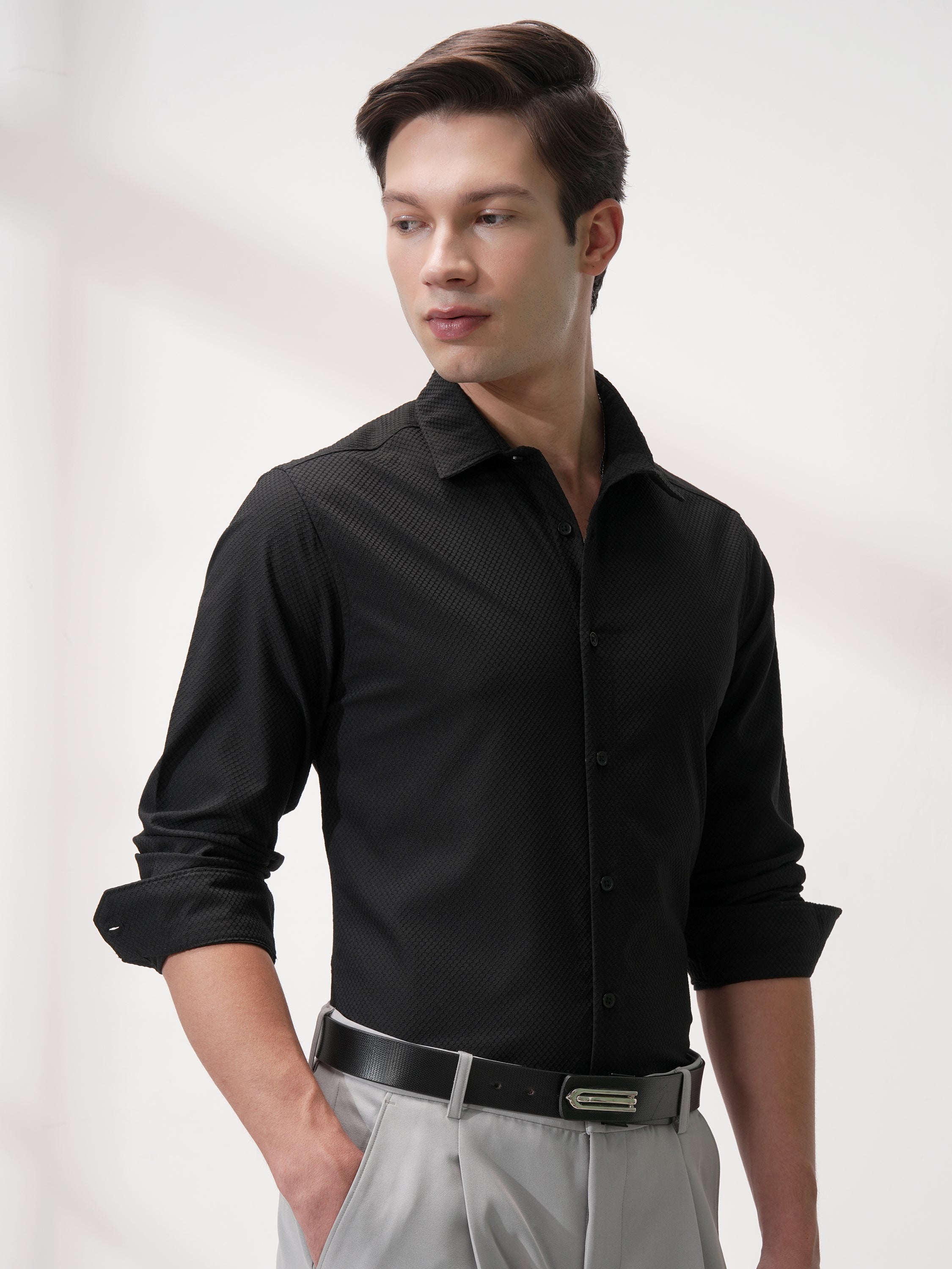 Highlander Men Black Self Design Slim Fit Casual Shirt - Black - Image 6
