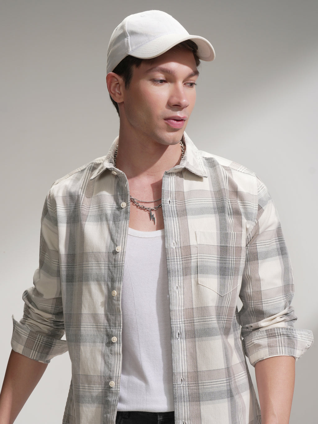 Highlander Men Cream Checked Slim Fit Casual Shirt - Cream - Image 1