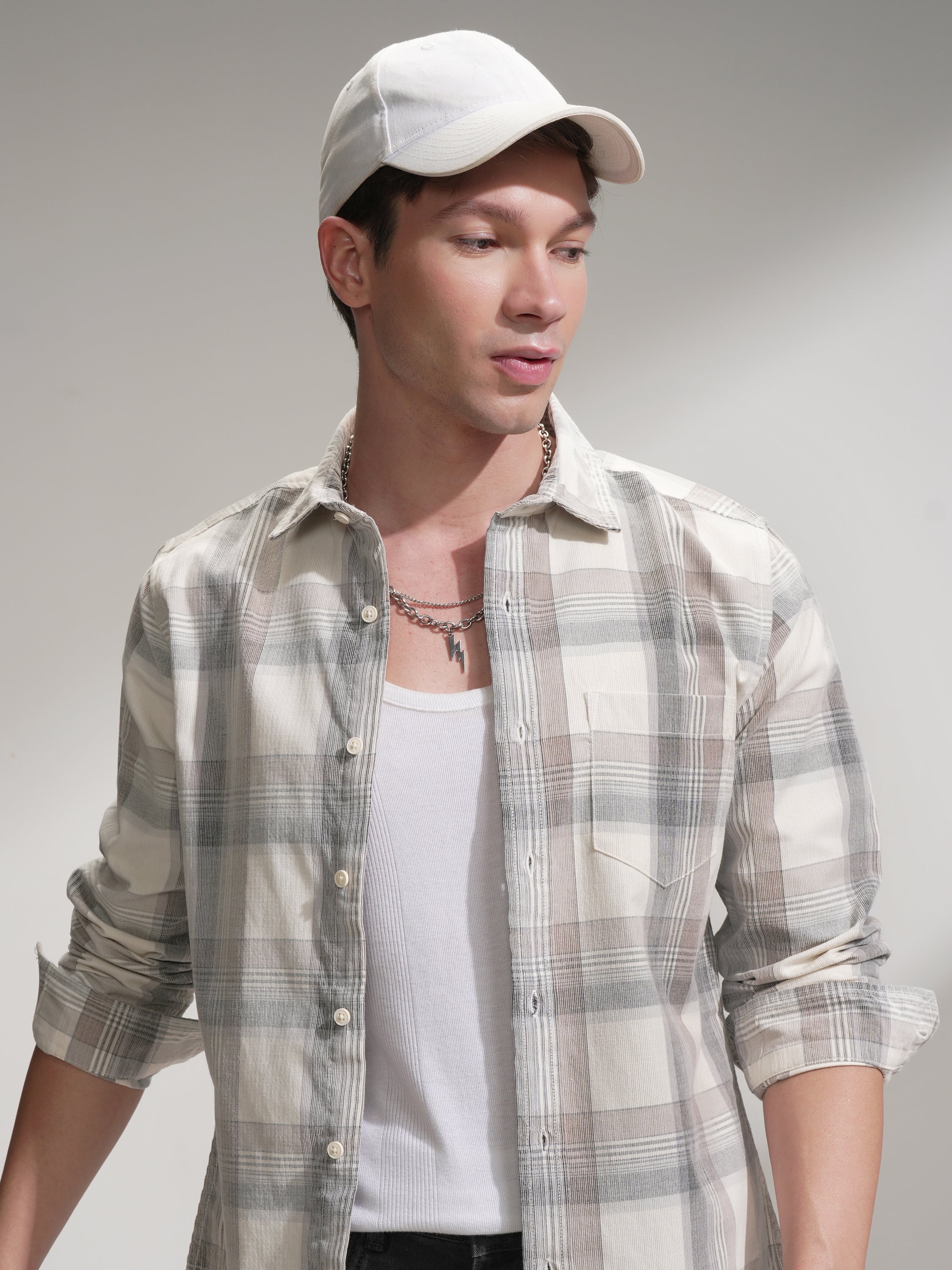 Highlander Men Cream Checked Slim Fit Casual Shirt - Cream - Image 1