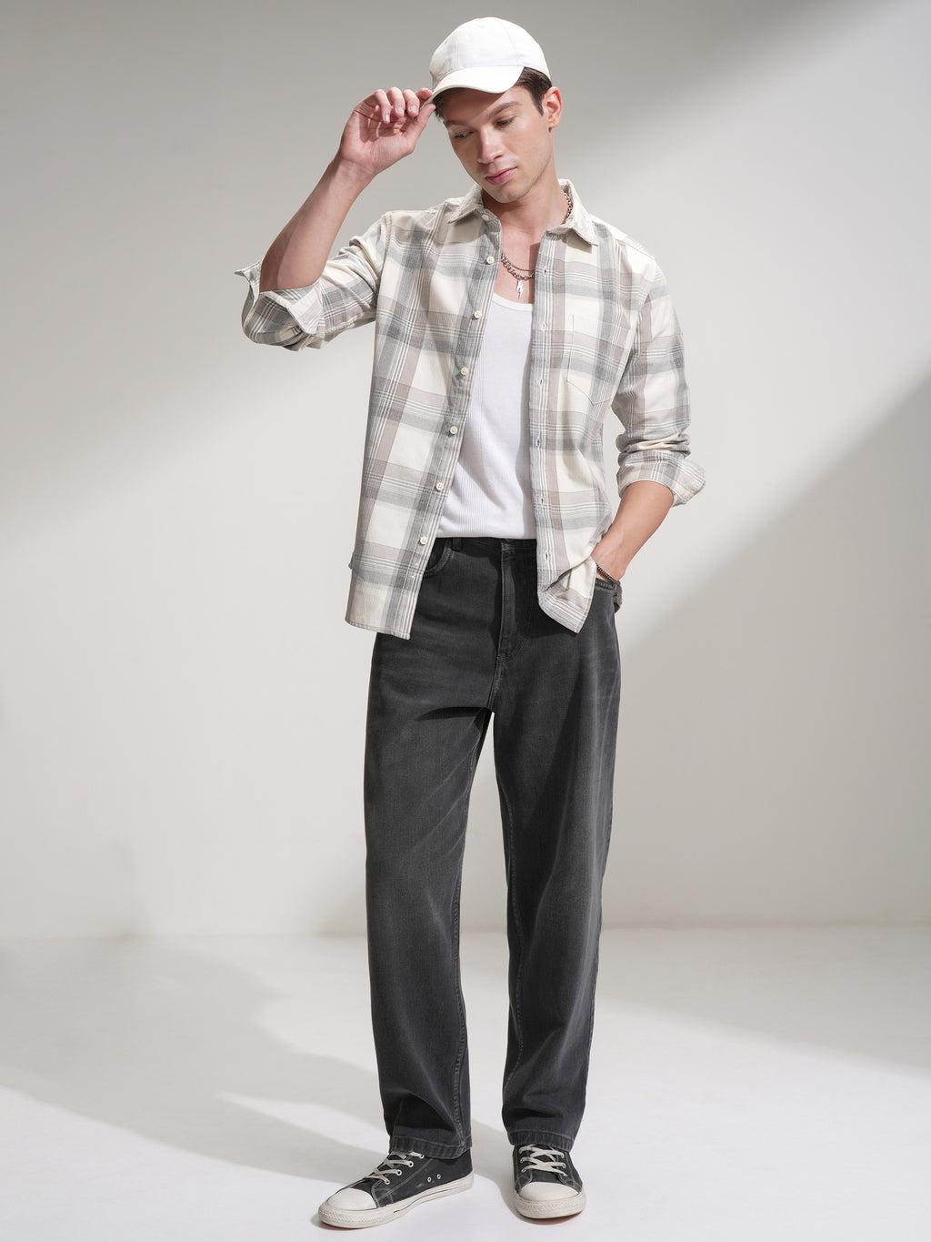 Highlander Men Cream Checked Slim Fit Casual Shirt - Cream - Image 2