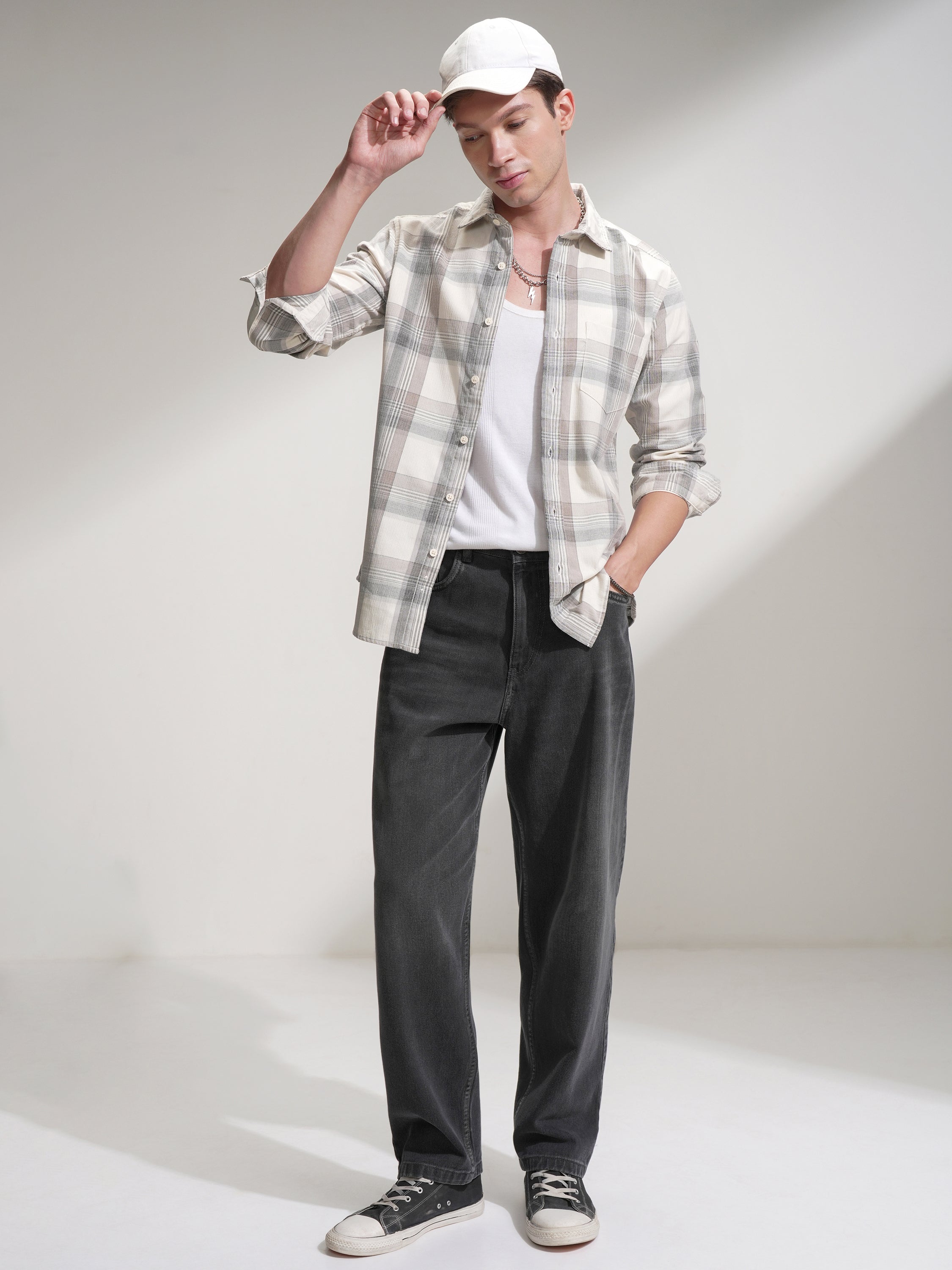 Highlander Men Cream Checked Slim Fit Casual Shirt - Cream - Image 2