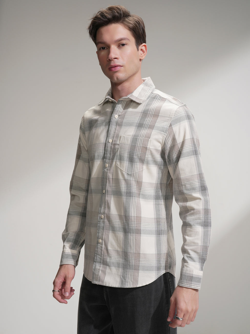 Highlander Men Cream Checked Slim Fit Casual Shirt - Cream - Image 4