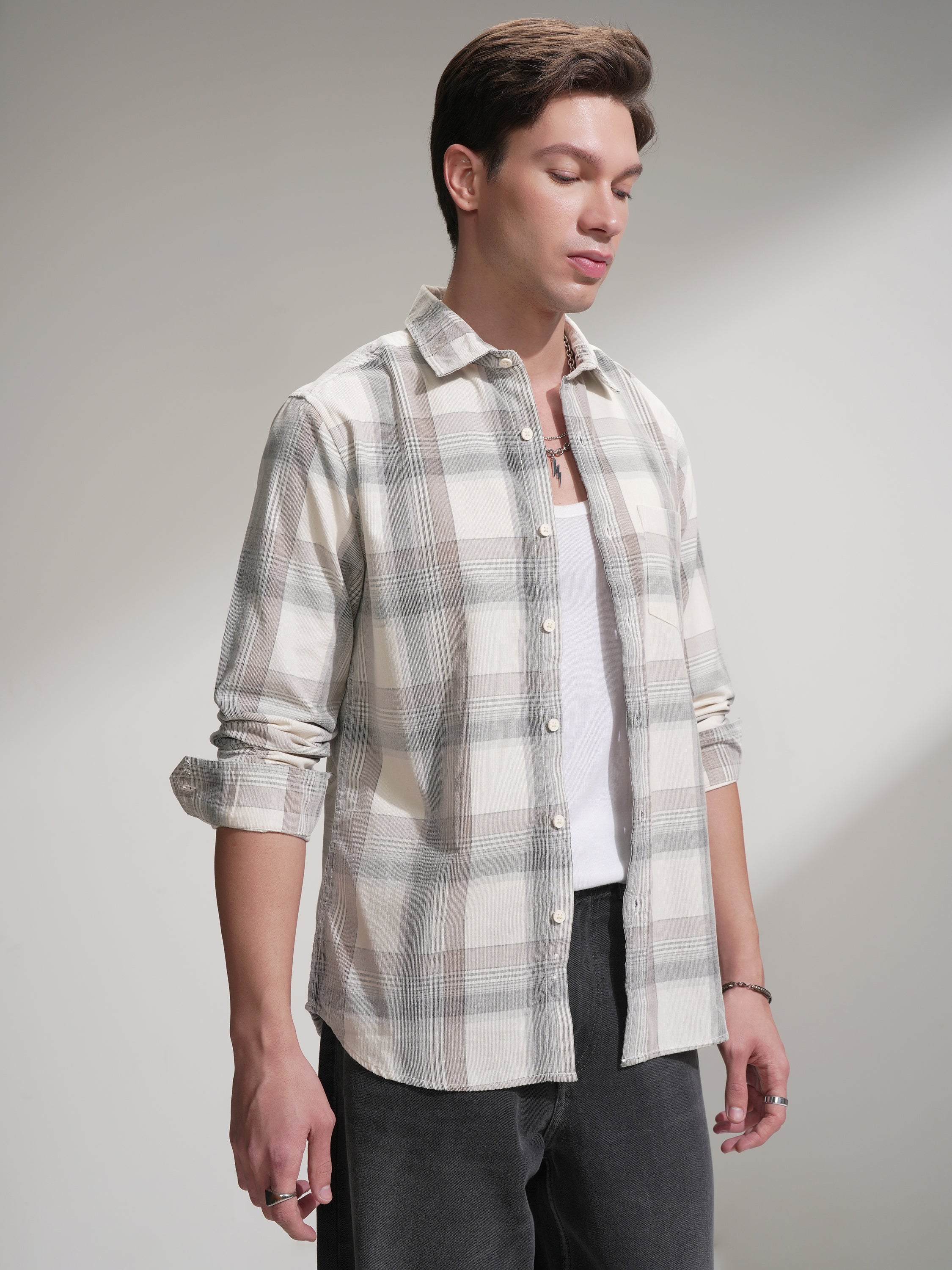 Highlander Men Cream Checked Slim Fit Casual Shirt - Cream - Image 6