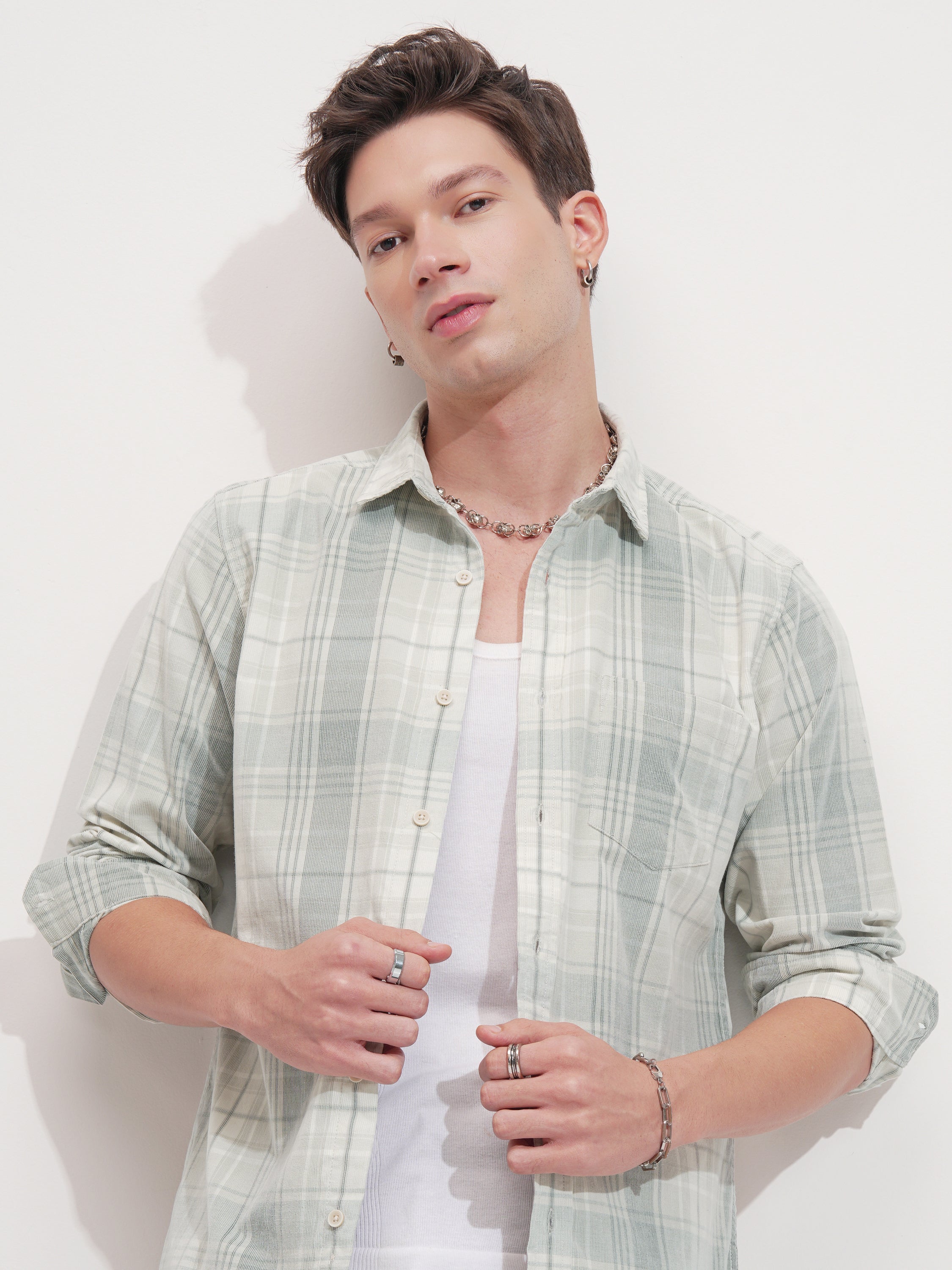Highlander Men Olive Checked Slim Fit Casual Shirt - Olive - Image 1