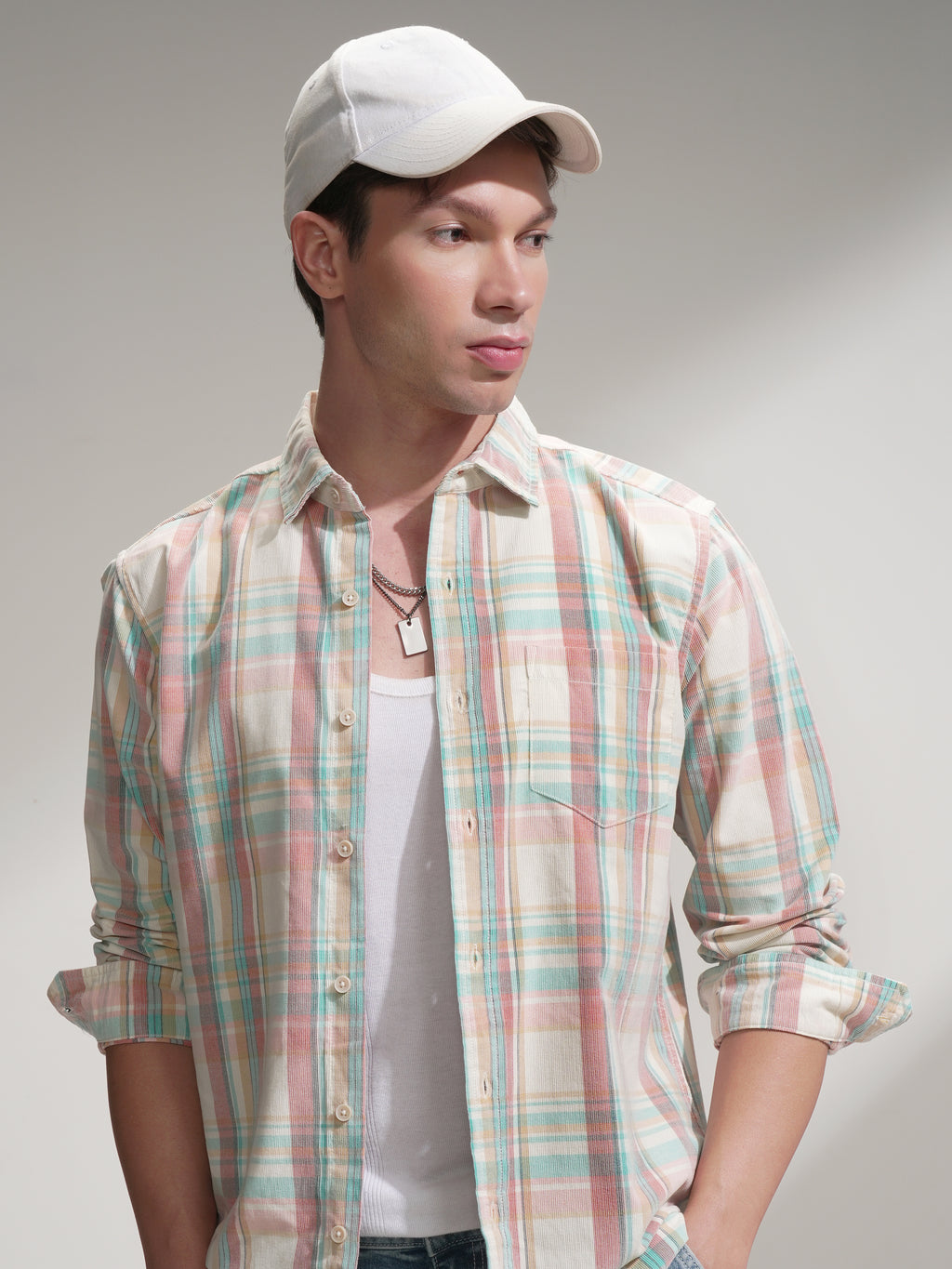Highlander Men Cream Checked Slim Fit Casual Shirt - Cream - Image 1
