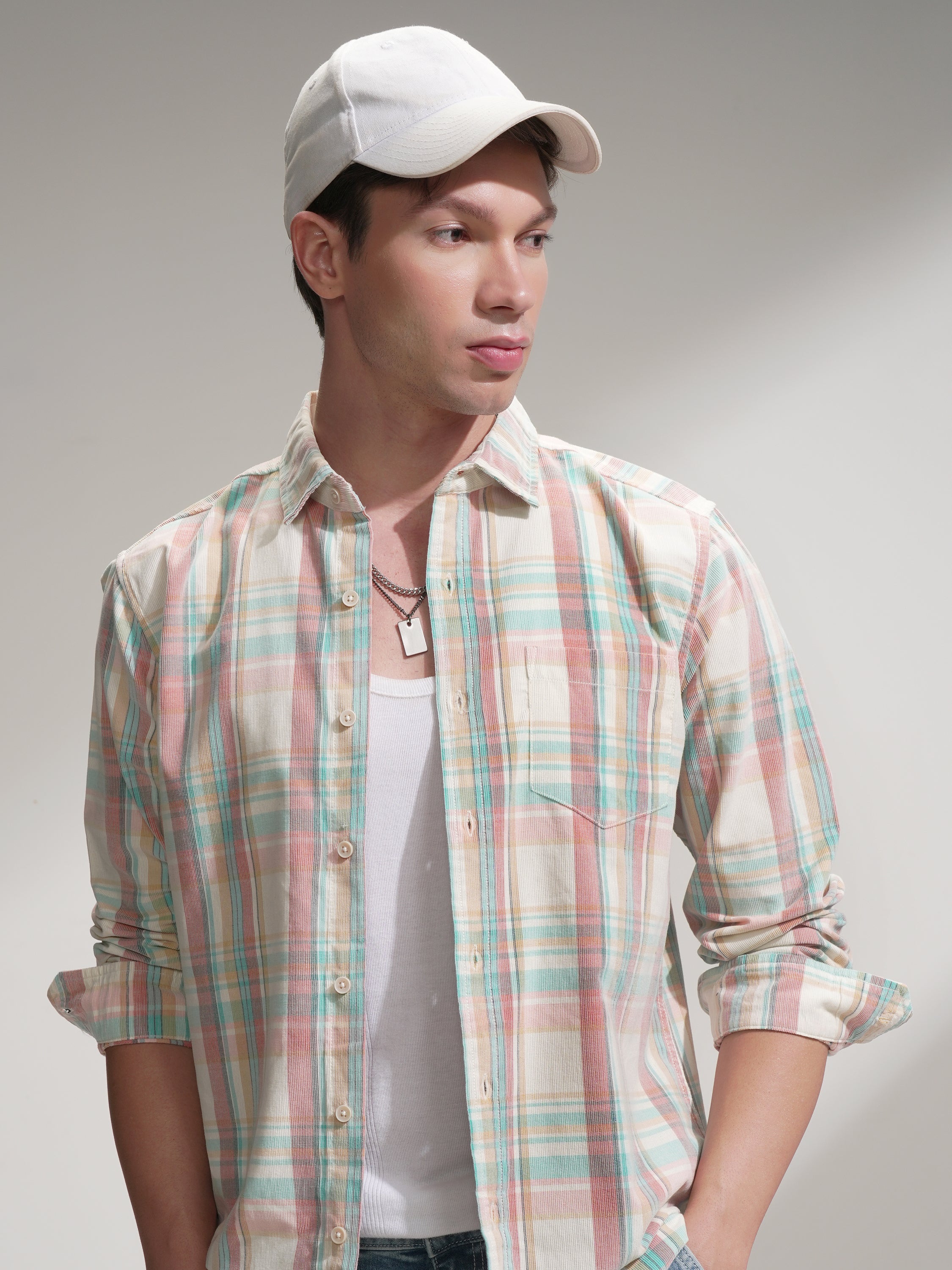 Highlander Men Cream Checked Slim Fit Casual Shirt - Cream - Image 1