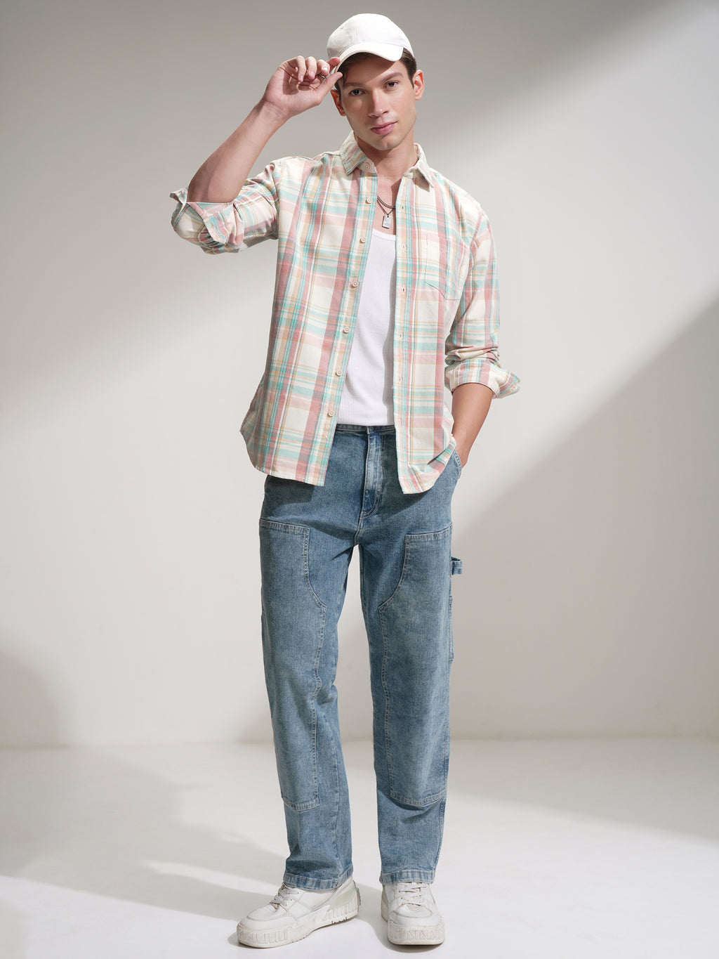 Highlander Men Cream Checked Slim Fit Casual Shirt - Cream - Image 2