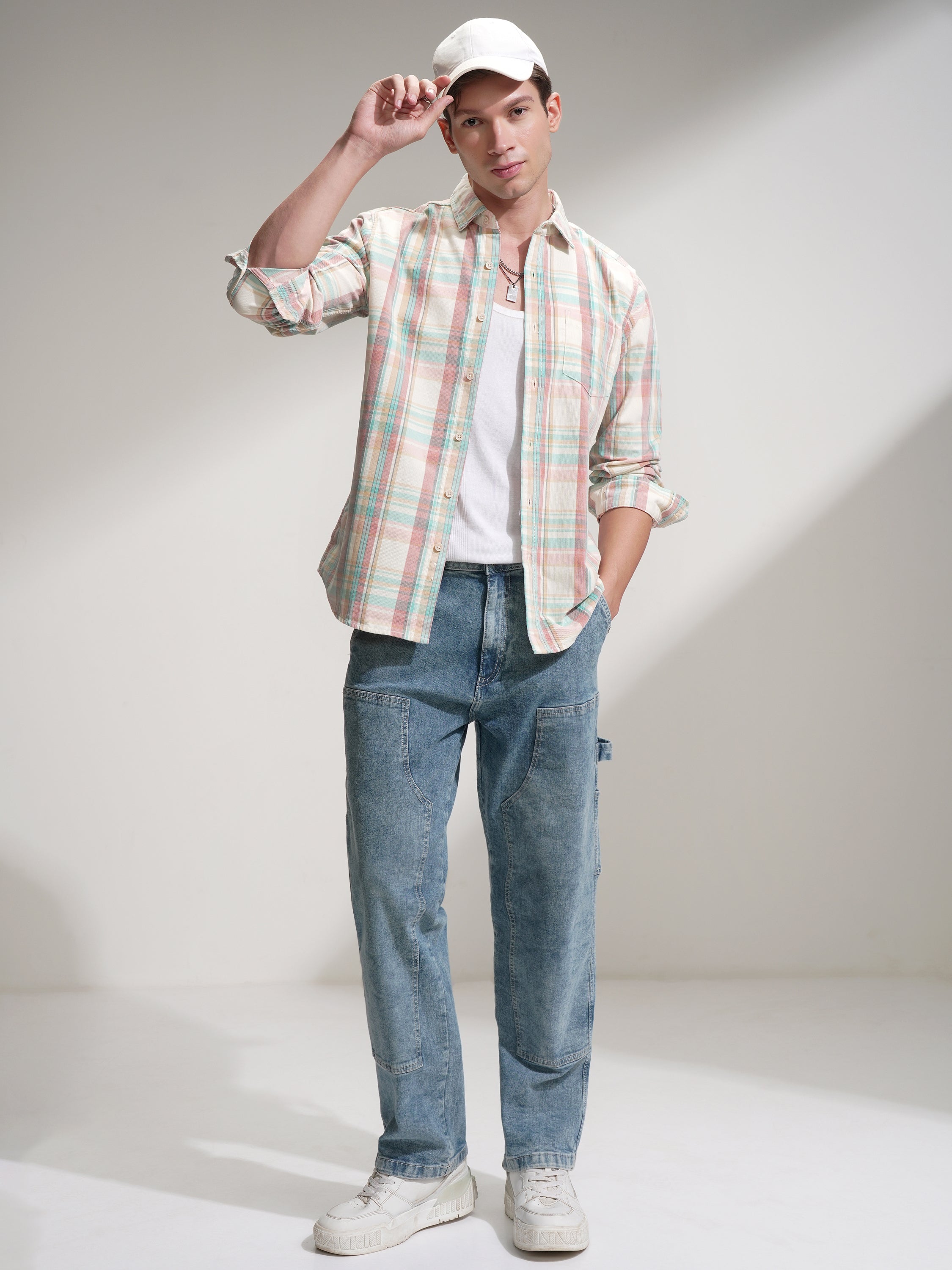Highlander Men Cream Checked Slim Fit Casual Shirt - Cream - Image 2