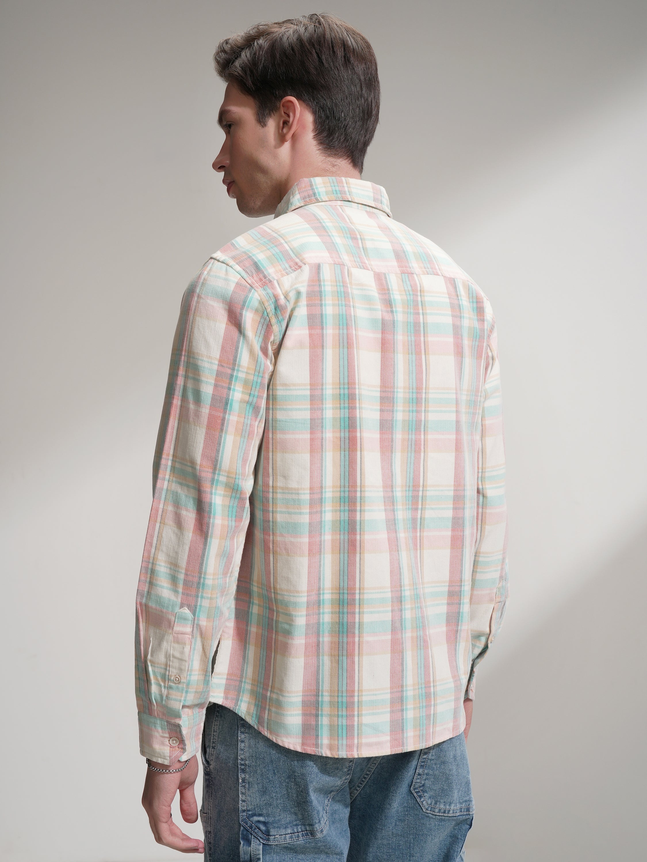 Highlander Men Cream Checked Slim Fit Casual Shirt - Cream - Image 3
