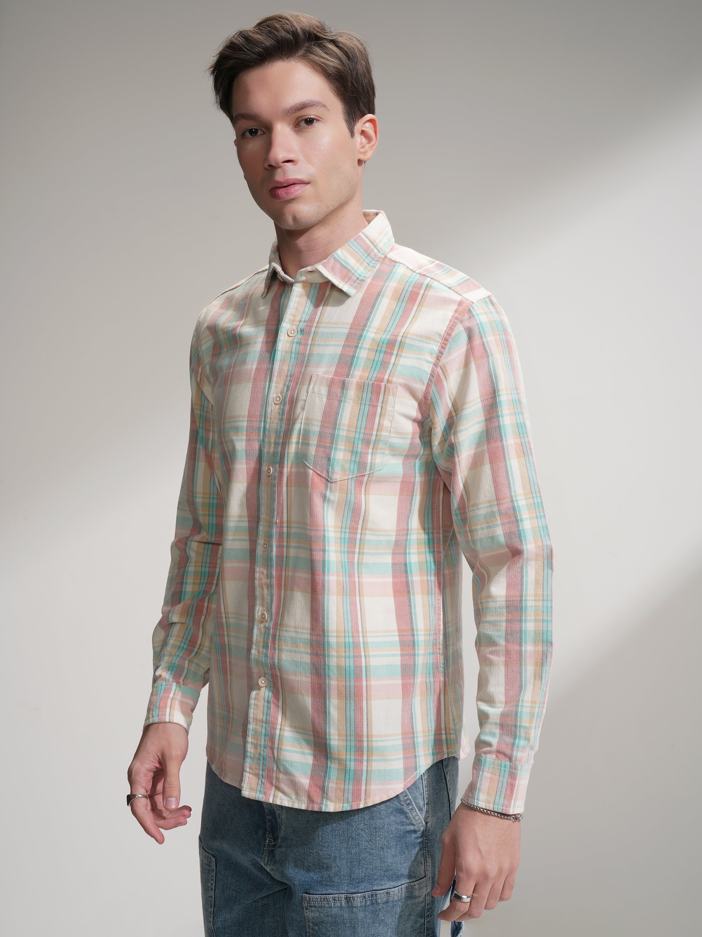 Highlander Men Cream Checked Slim Fit Casual Shirt - Cream - Image 4
