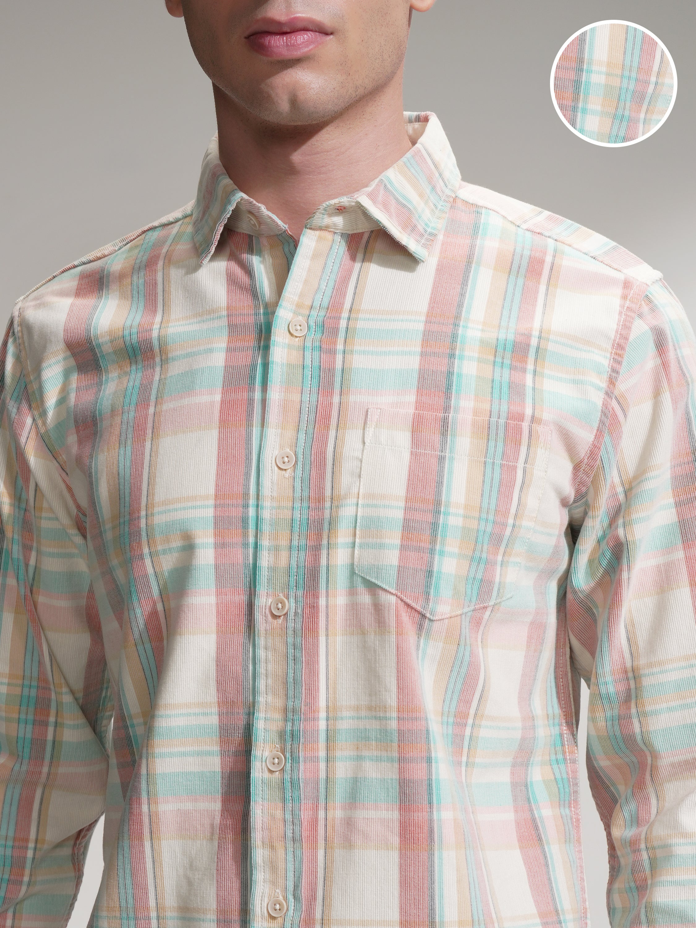 Highlander Men Cream Checked Slim Fit Casual Shirt - Cream - Image 5