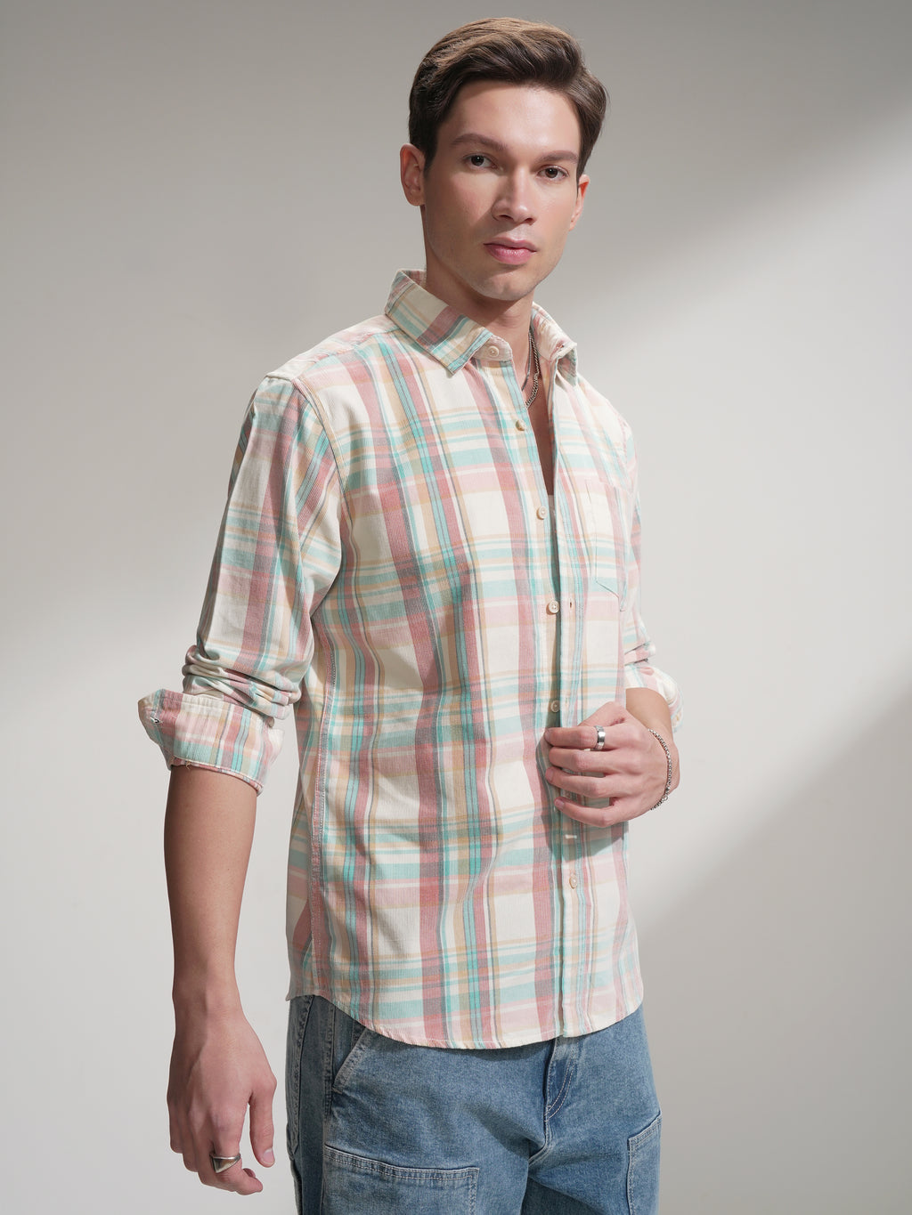 Highlander Men Cream Checked Slim Fit Casual Shirt - Cream - Image 6