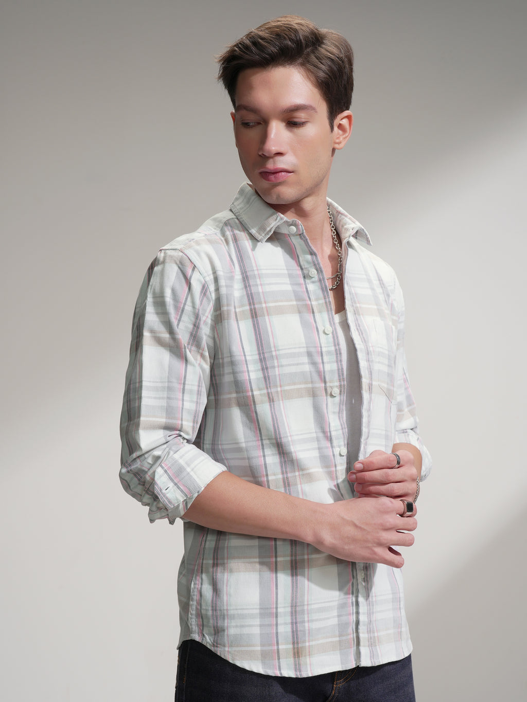 Highlander Men White Checked Slim Fit Casual Shirt - White - Image 6