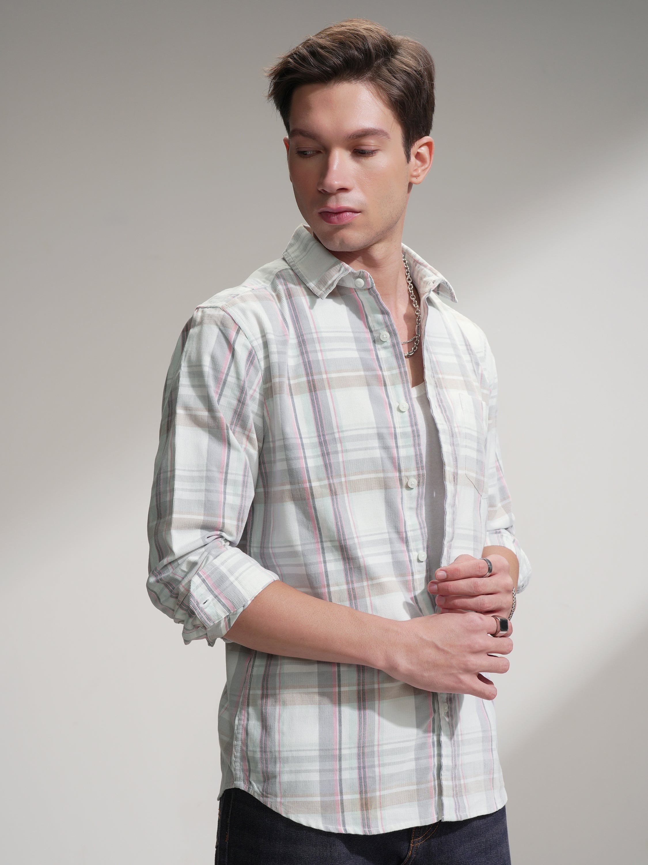 Highlander Men White Checked Slim Fit Casual Shirt - White - Image 6