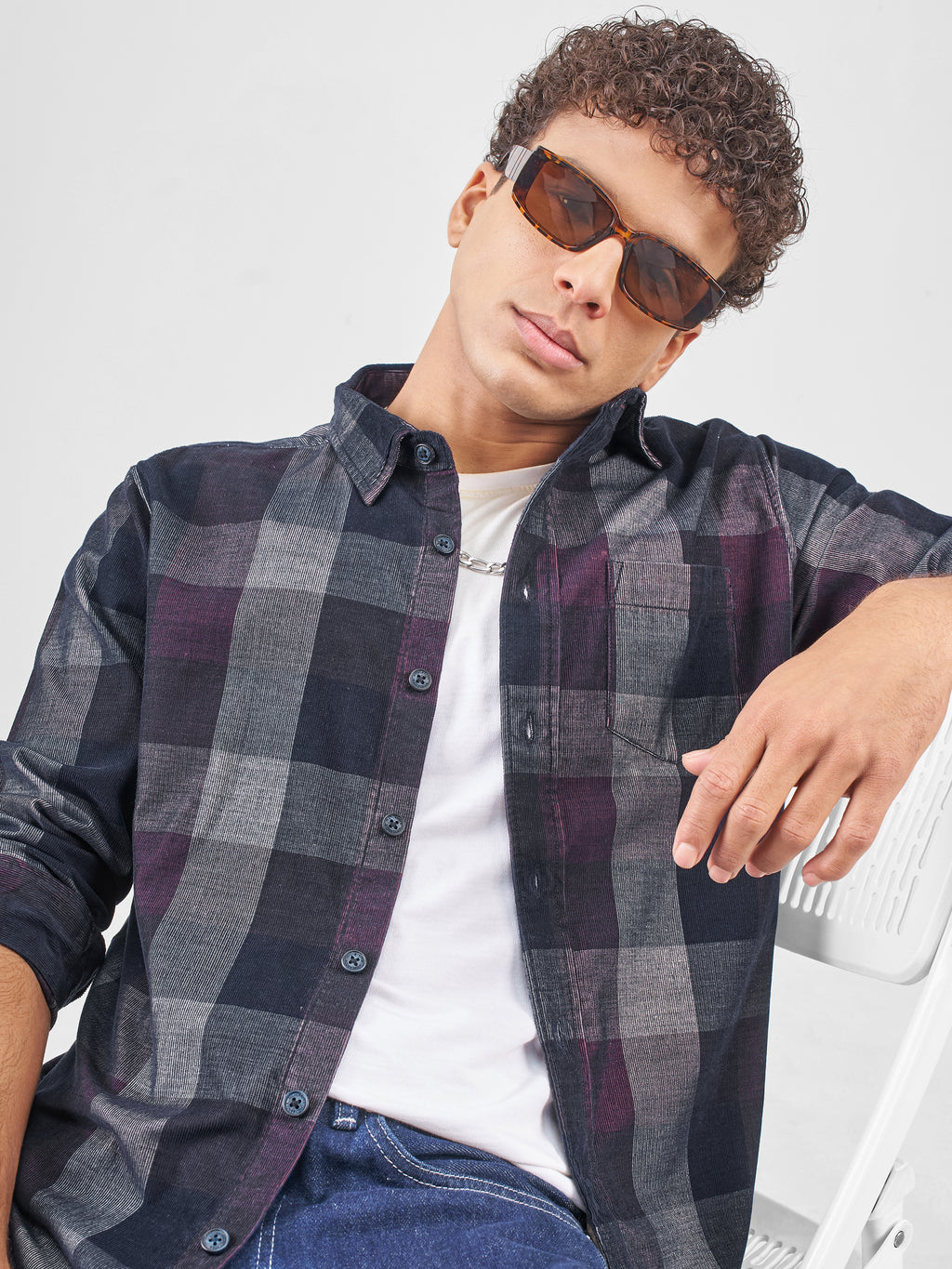 Highlander Men Navy Blue Checked Slim Fit Casual Shirt - Navy Blue - Image 1