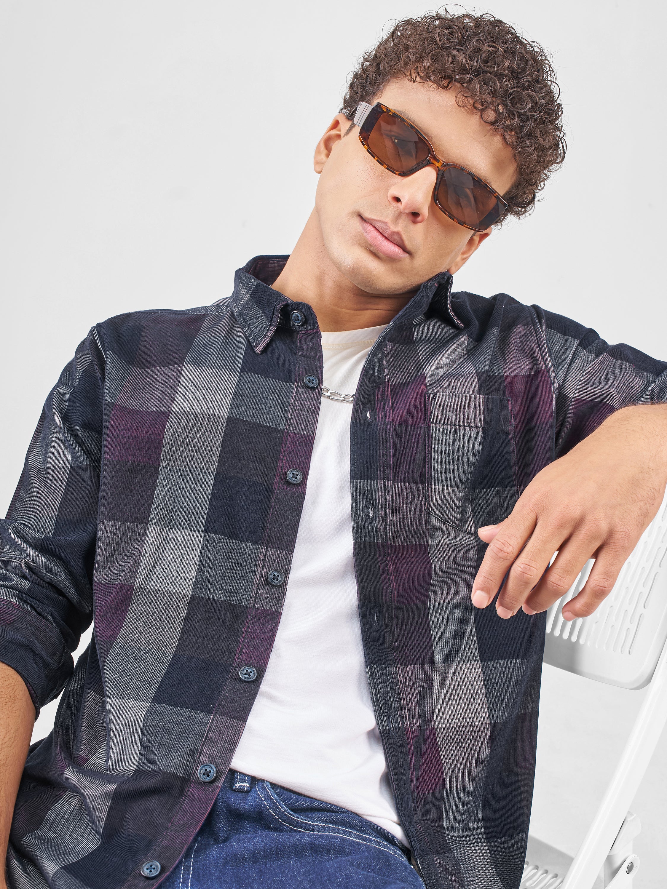 Highlander Men Navy Blue Checked Slim Fit Casual Shirt - Navy Blue - Image 1