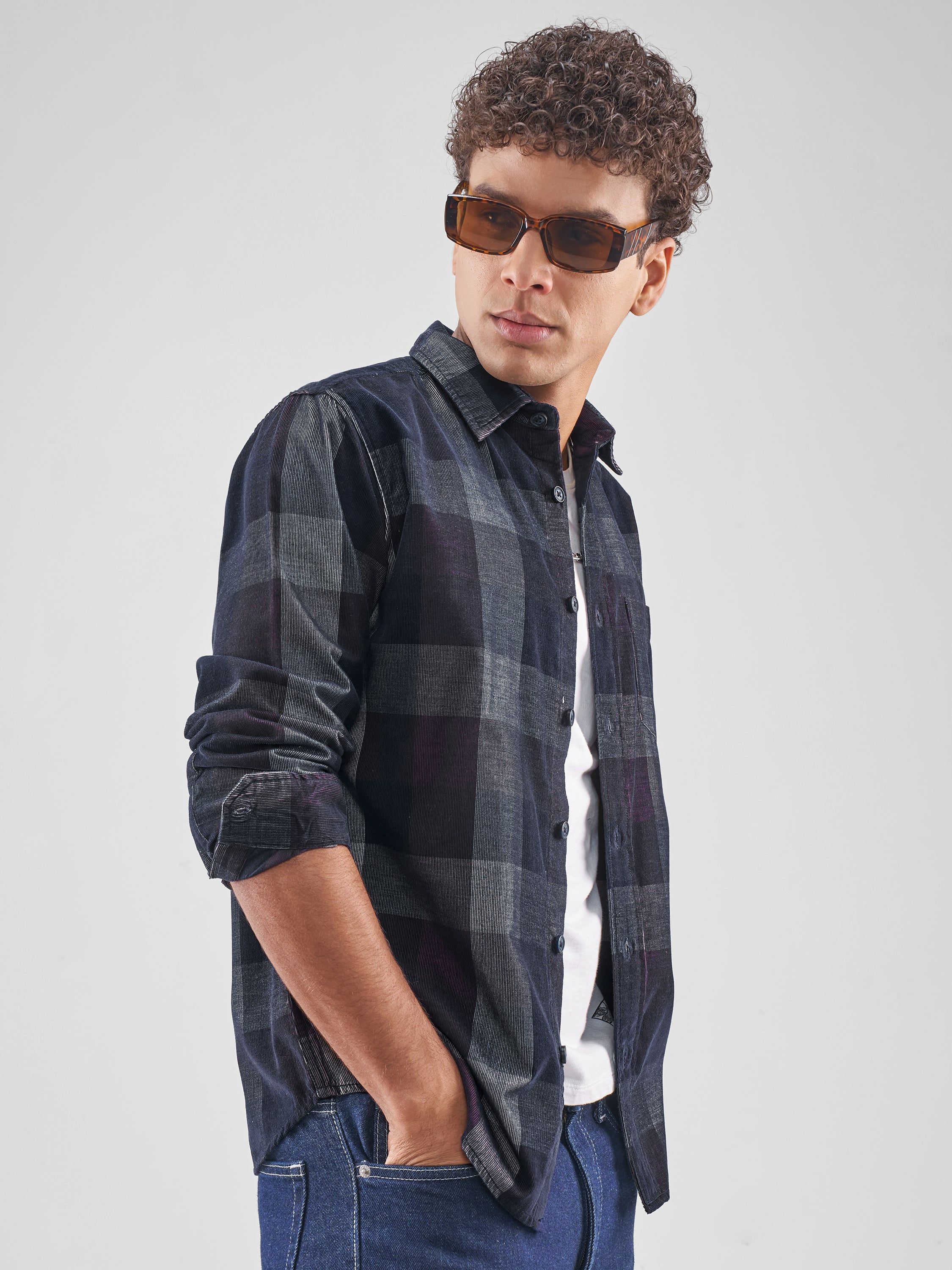 Highlander Men Navy Blue Checked Slim Fit Casual Shirt - Navy Blue - Image 6