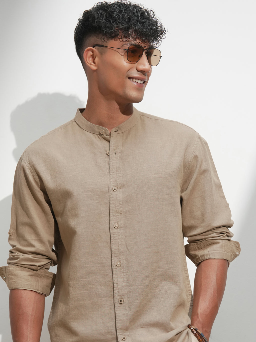Highlander Men Khaki Self Design Relaxed Fit Casual Shirt - Khaki - Image 1