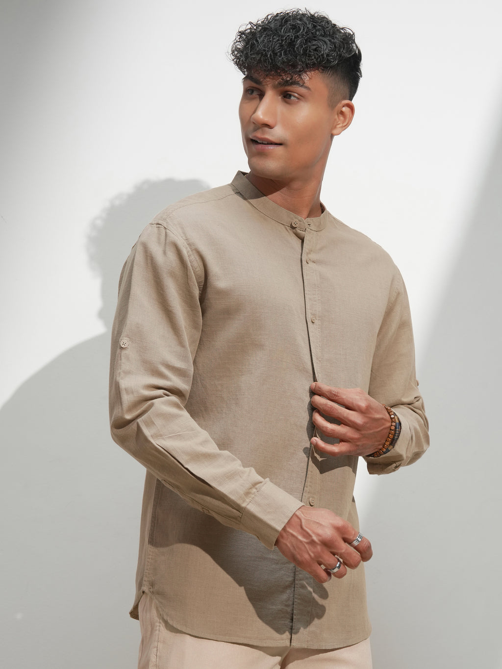Highlander Men Khaki Self Design Relaxed Fit Casual Shirt - Khaki - Image 6