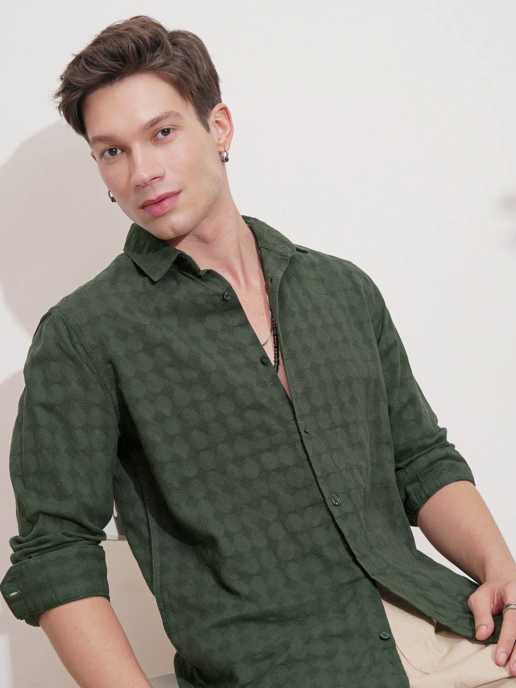 Highlander Men Green Self Design Slim Fit Casual Shirt - Green - Image 1