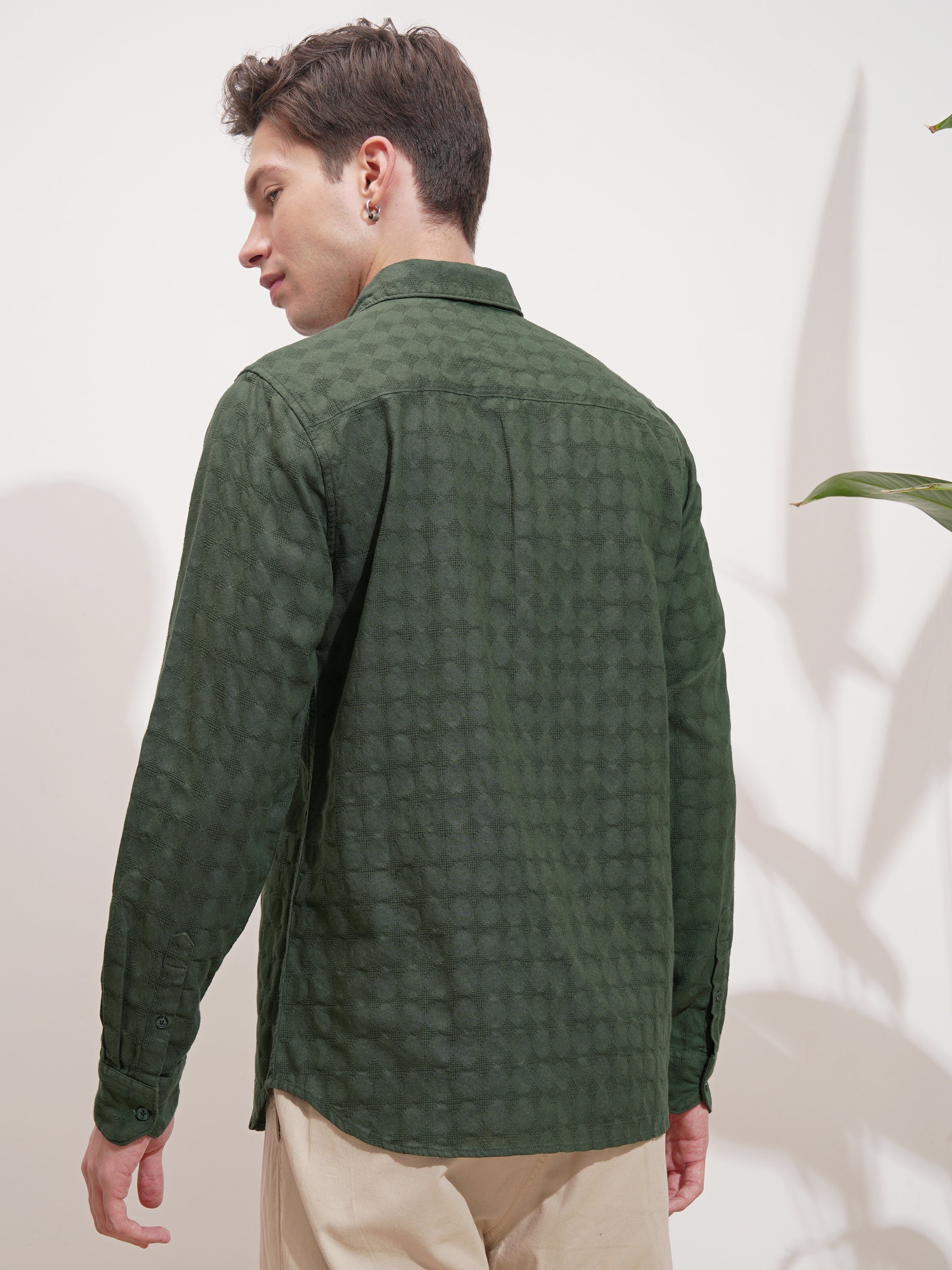 Highlander Men Green Self Design Slim Fit Casual Shirt - Green - Image 3