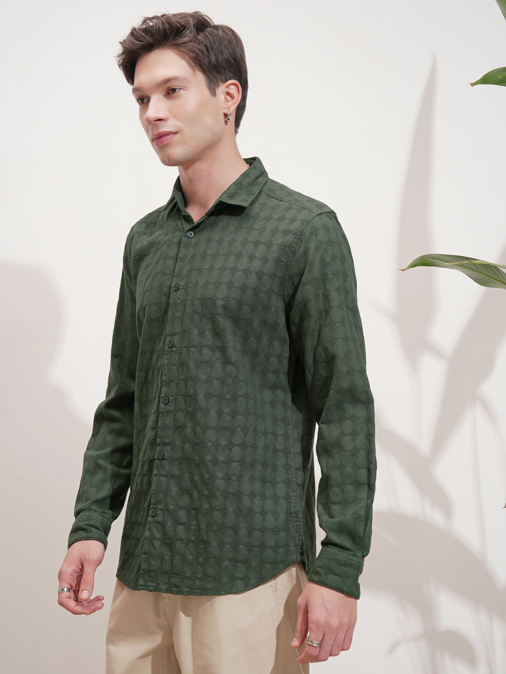 Highlander Men Green Self Design Slim Fit Casual Shirt - Green - Image 4