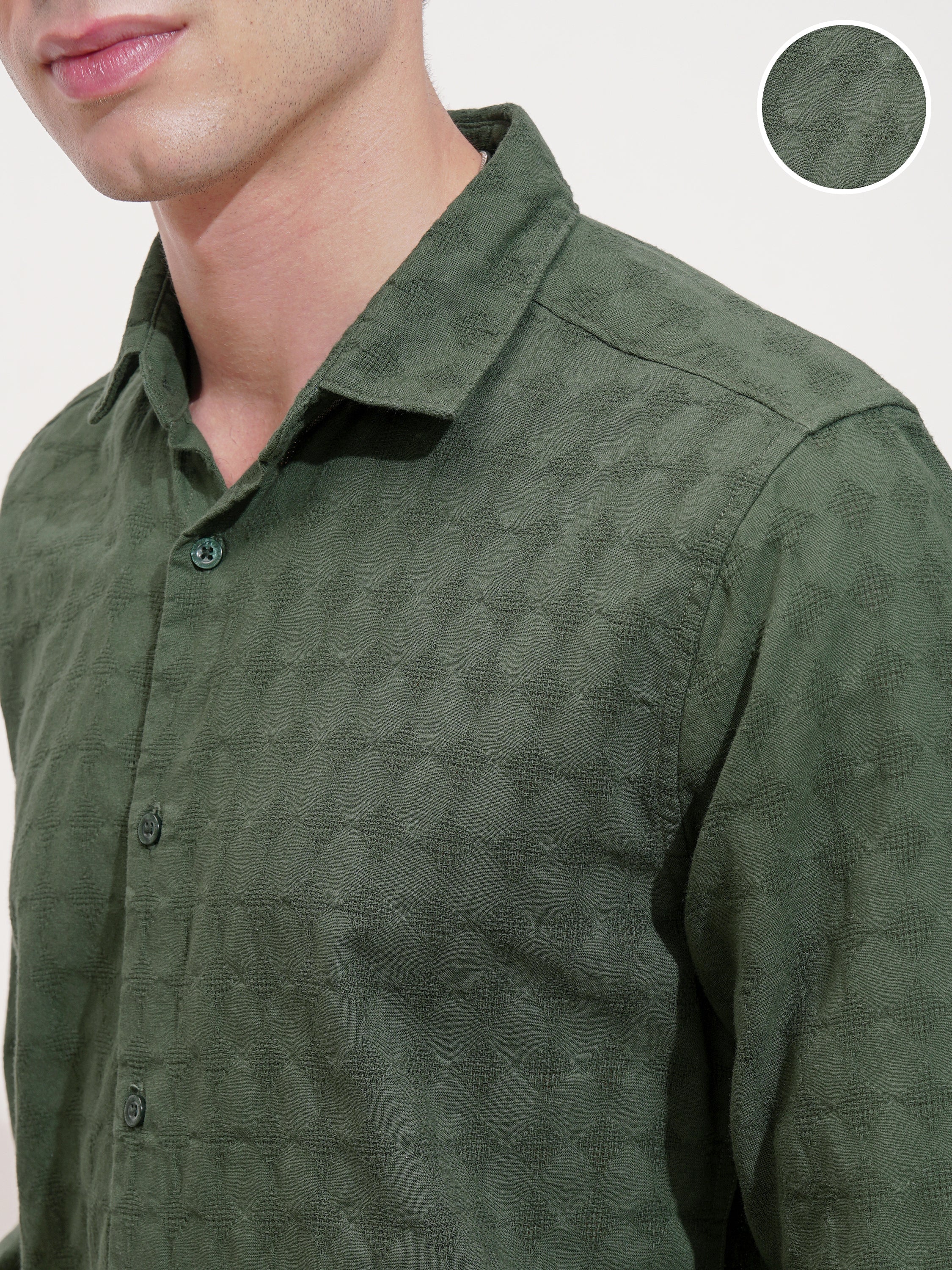 Highlander Men Green Self Design Slim Fit Casual Shirt - Green - Image 5