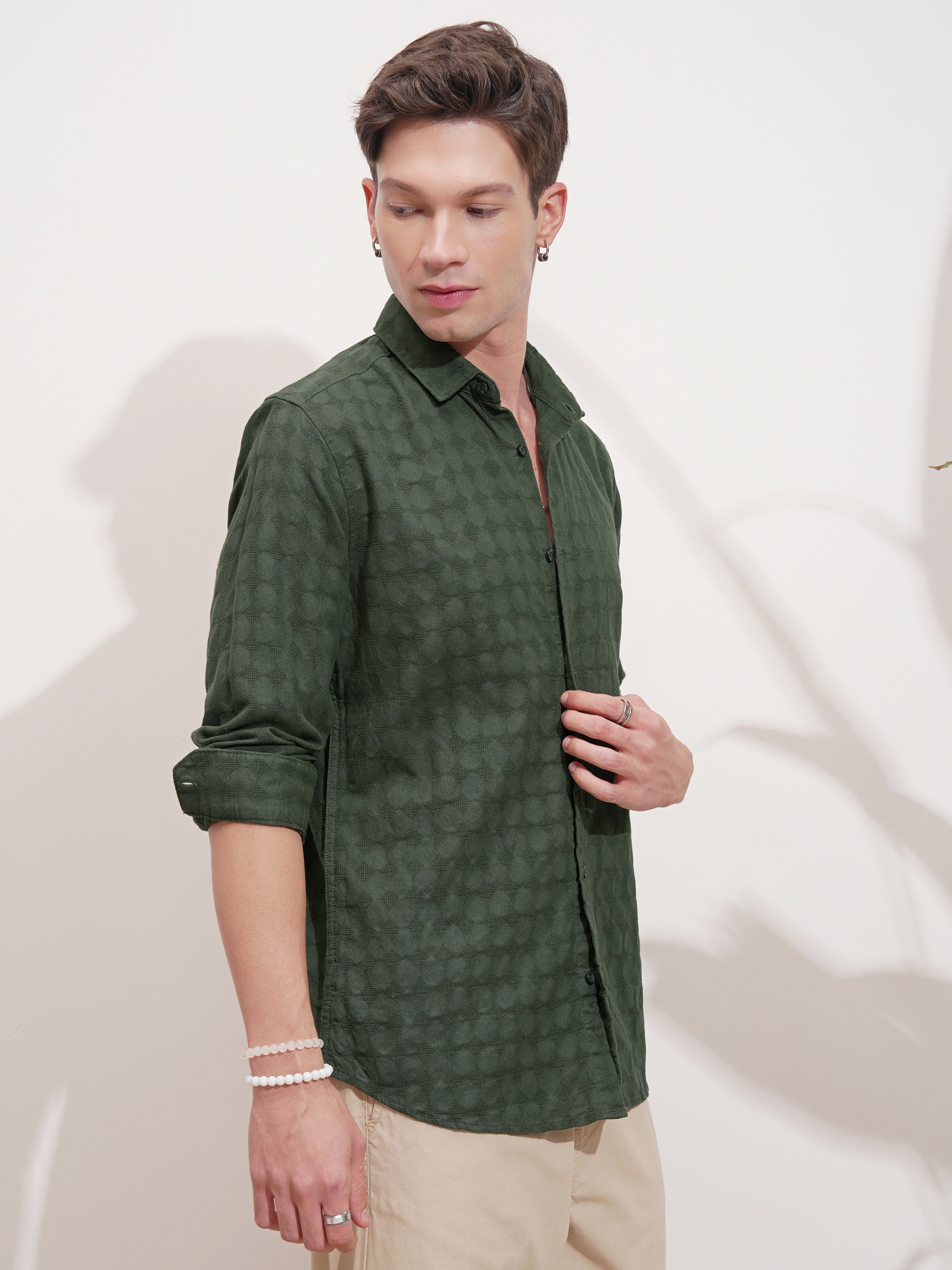 Highlander Men Green Self Design Slim Fit Casual Shirt - Green - Image 6