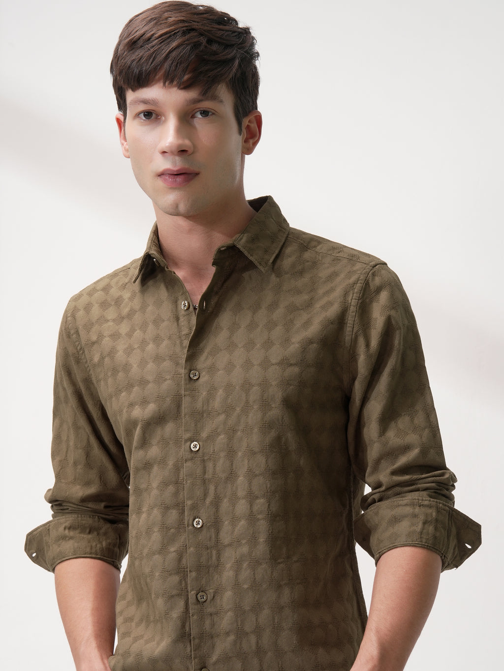 Highlander Men Brown Self Design Slim Fit Casual Shirt - Brown - Image 1