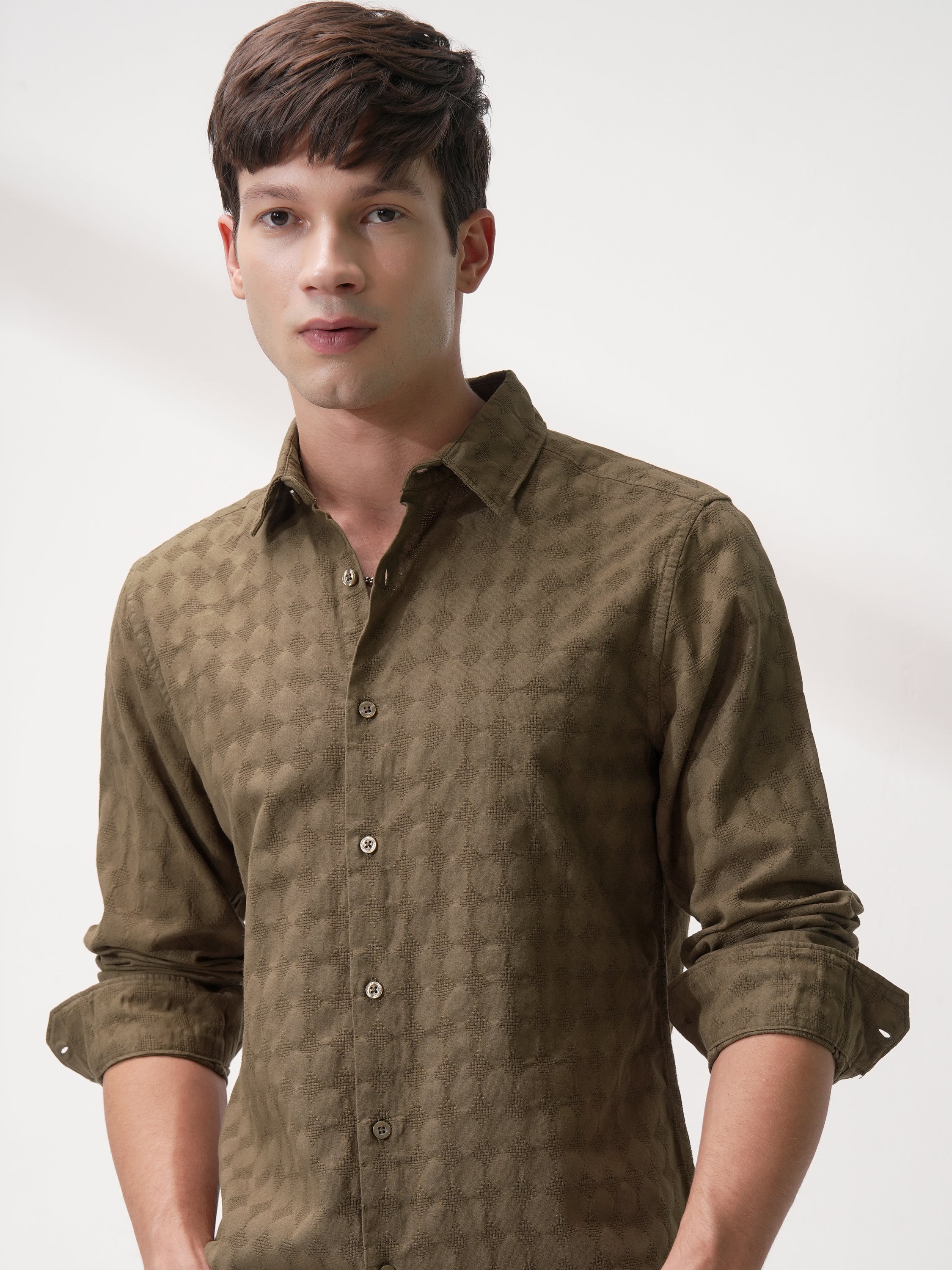 Highlander Men Brown Self Design Slim Fit Casual Shirt - Brown - Image 1