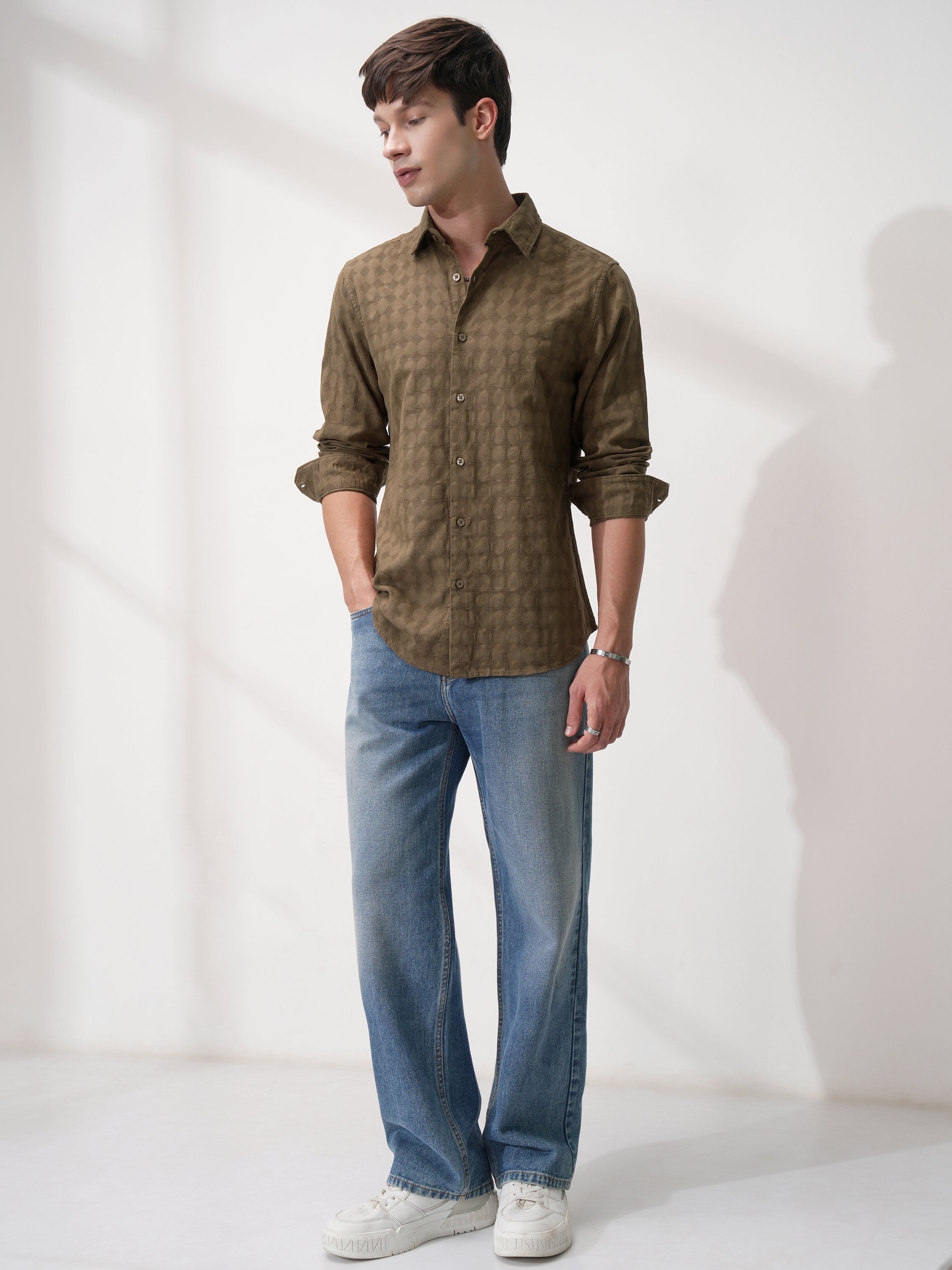 Highlander Men Brown Self Design Slim Fit Casual Shirt - Brown - Image 2