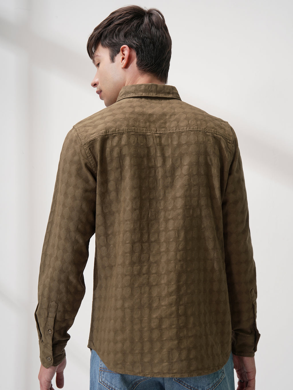 Highlander Men Brown Self Design Slim Fit Casual Shirt - Brown - Image 3