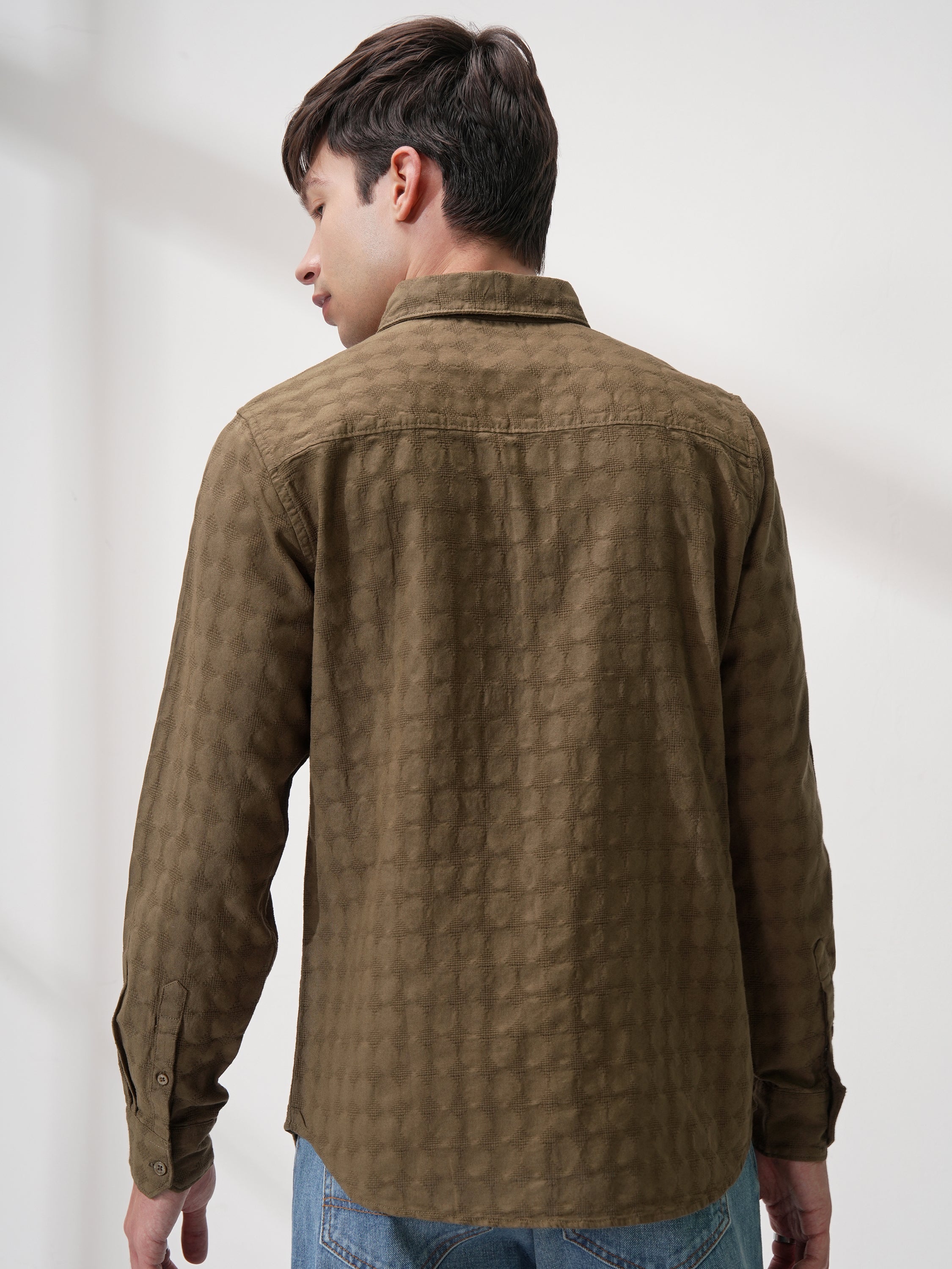 Highlander Men Brown Self Design Slim Fit Casual Shirt - Brown - Image 3