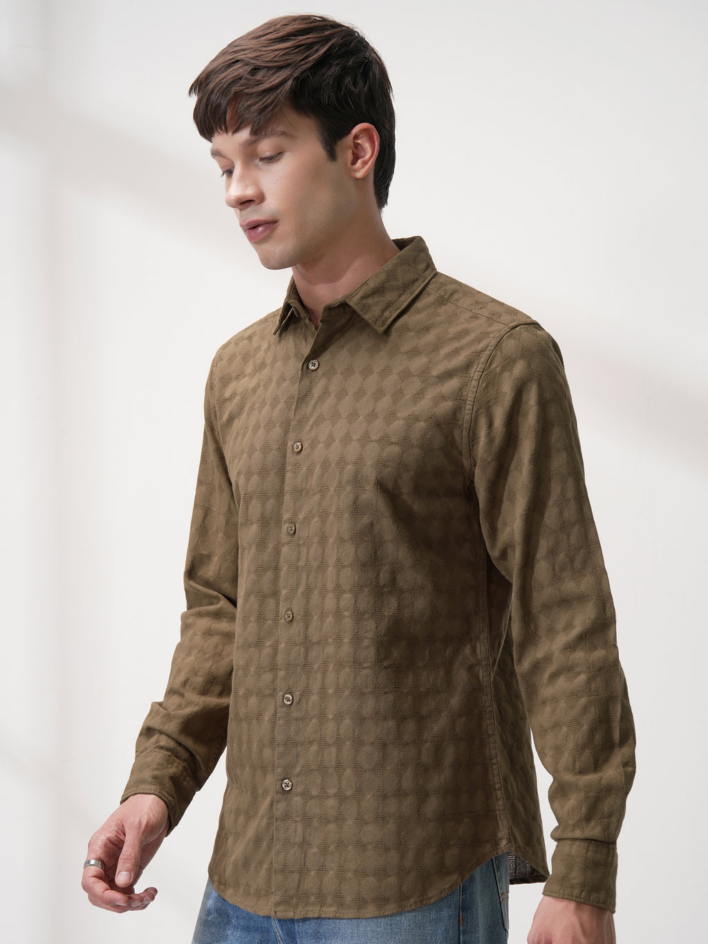 Highlander Men Brown Self Design Slim Fit Casual Shirt - Brown - Image 4
