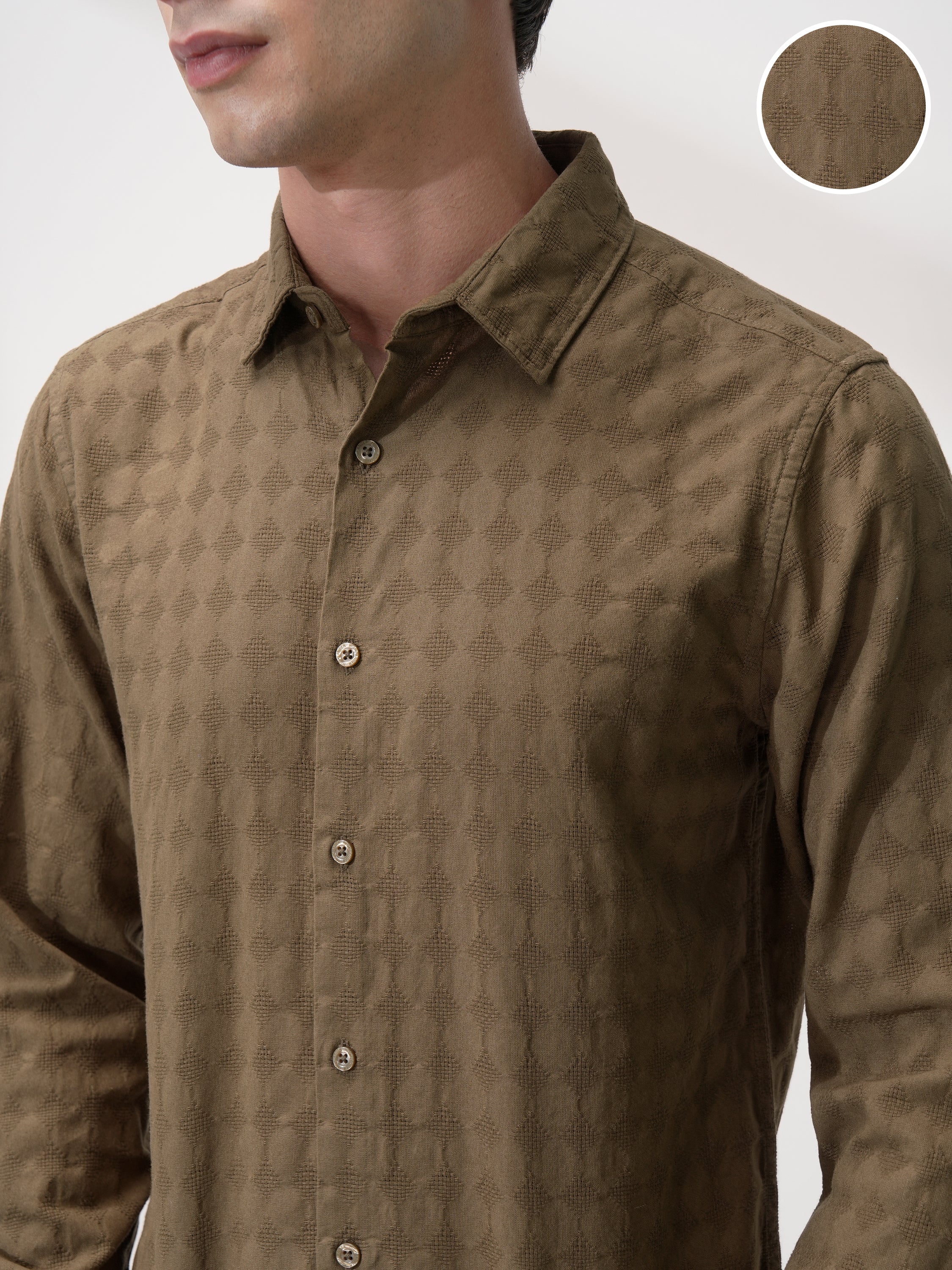Highlander Men Brown Self Design Slim Fit Casual Shirt - Brown - Image 5