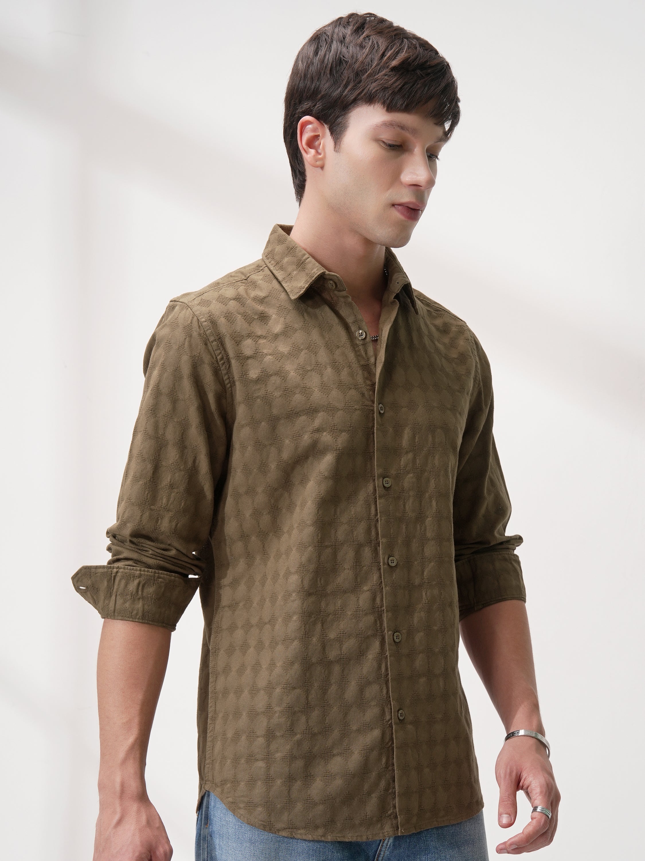 Highlander Men Brown Self Design Slim Fit Casual Shirt - Brown - Image 6