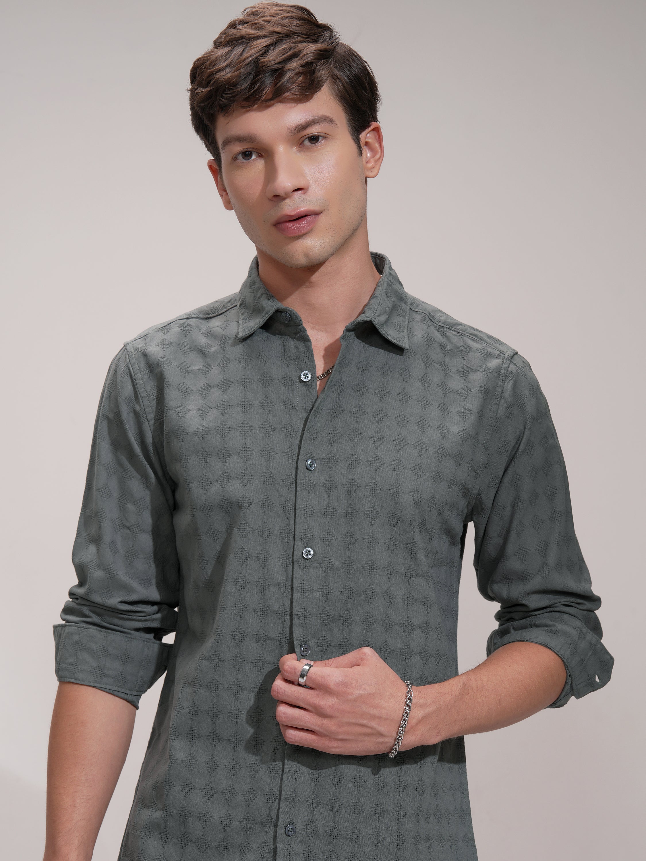 Highlander Men Charcoal Self Design Slim Fit Casual Shirt - Charcoal - Image 1