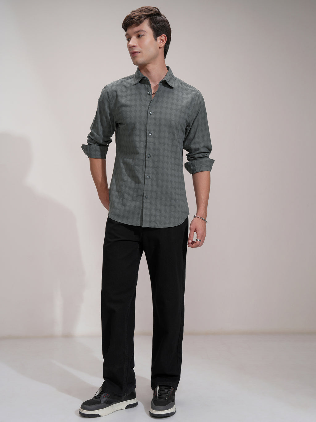 Highlander Men Charcoal Self Design Slim Fit Casual Shirt - Charcoal - Image 2