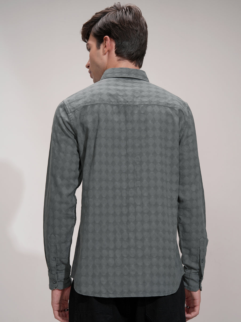 Highlander Men Charcoal Self Design Slim Fit Casual Shirt - Charcoal - Image 3