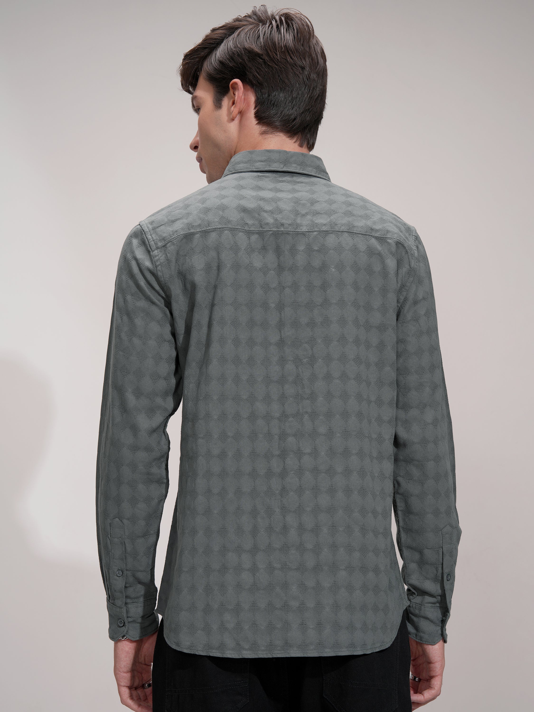 Highlander Men Charcoal Self Design Slim Fit Casual Shirt - Charcoal - Image 3