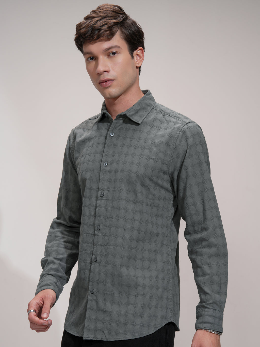 Highlander Men Charcoal Self Design Slim Fit Casual Shirt - Charcoal - Image 4