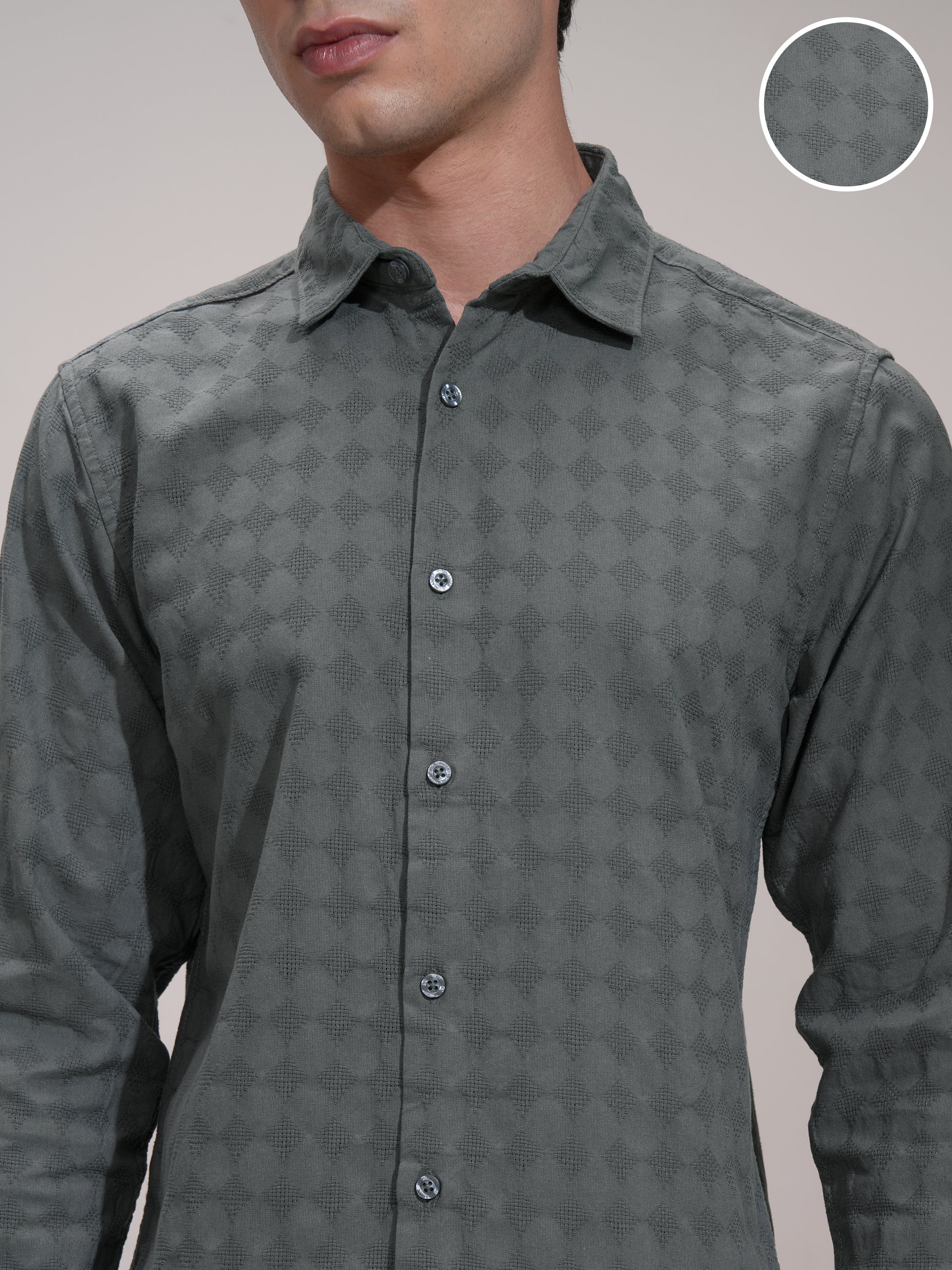 Highlander Men Charcoal Self Design Slim Fit Casual Shirt - Charcoal - Image 5