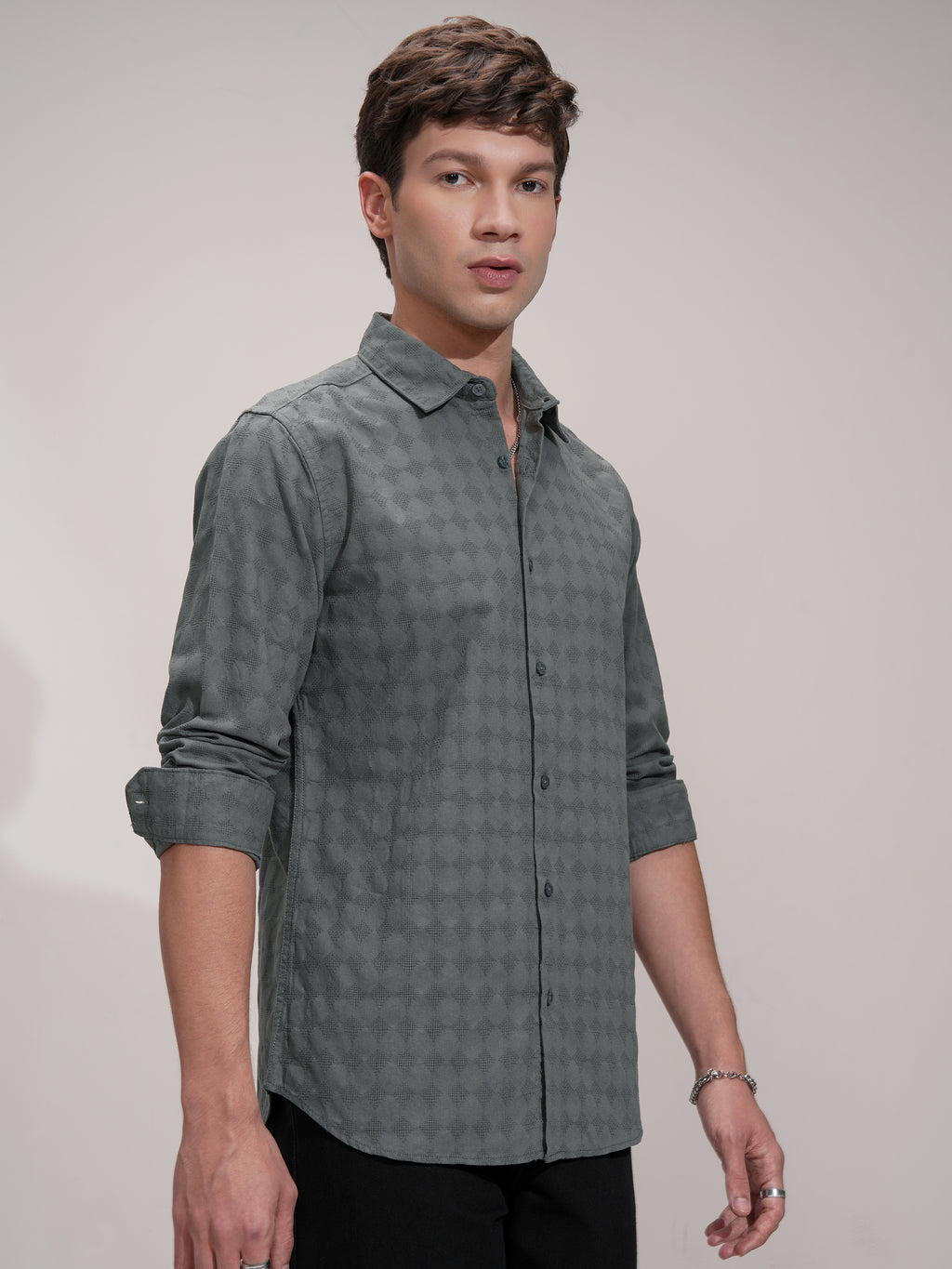 Highlander Men Charcoal Self Design Slim Fit Casual Shirt - Charcoal - Image 6